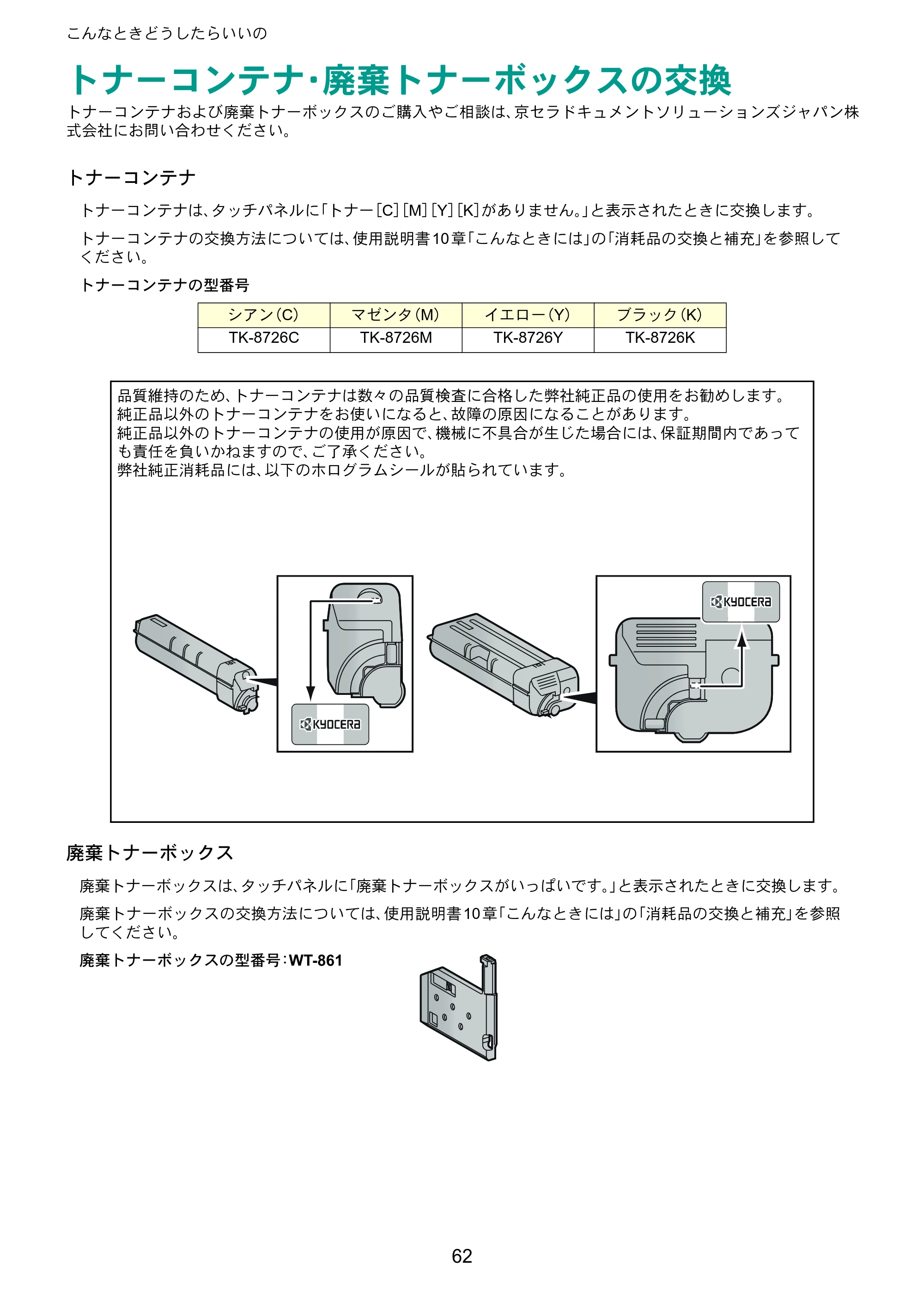 京セラ TASKalfa 8052ci TASKalfa 8052ci クイックガイド — トナーコンテナ・廃棄トナーボックスの交換 — 原本ページ — 62ページ