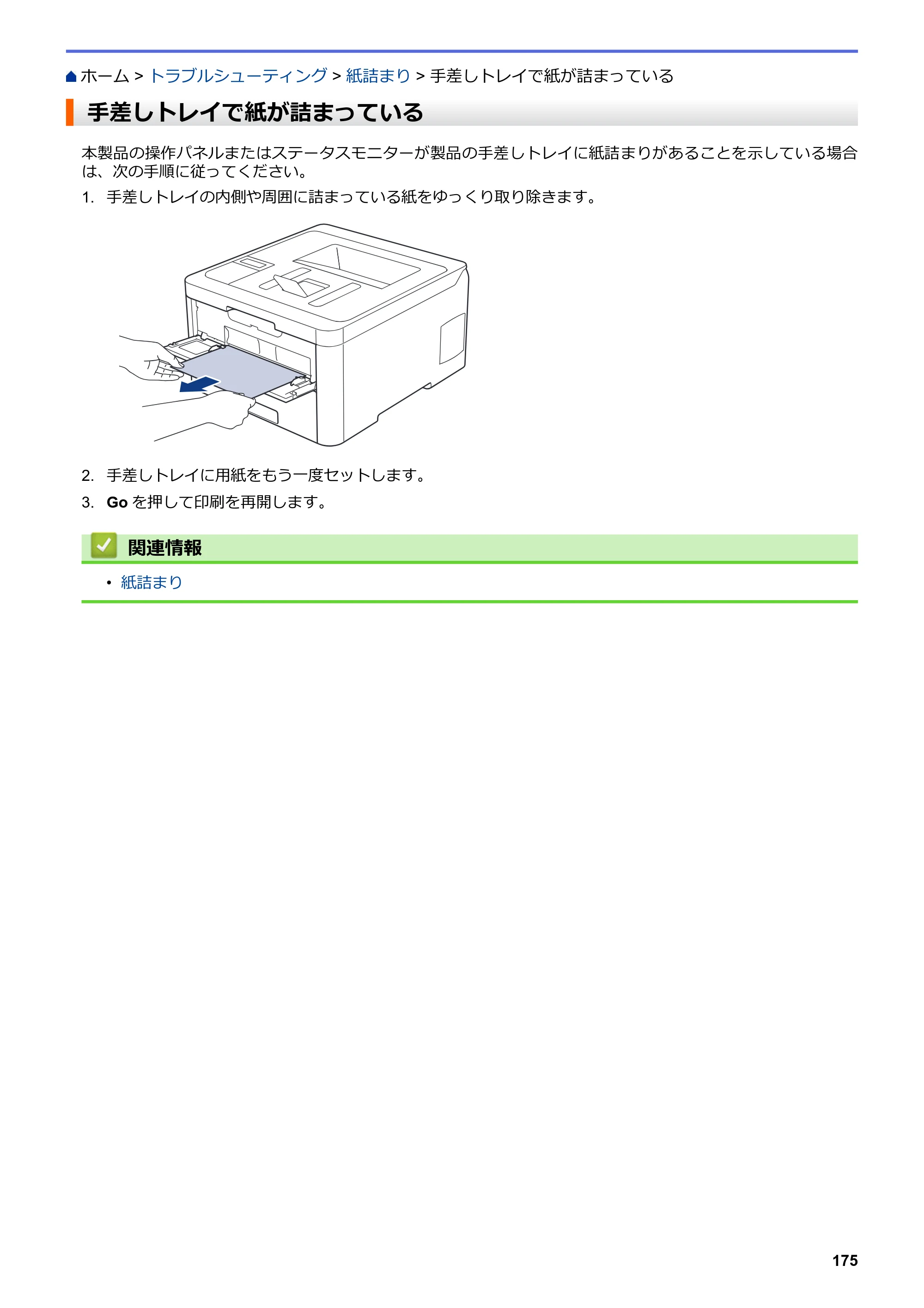 ブラザー HL-L3230CDW オンラインユーザーズガイド — 手差しトレイで紙が詰まっている — 原本ページ — 179ページ