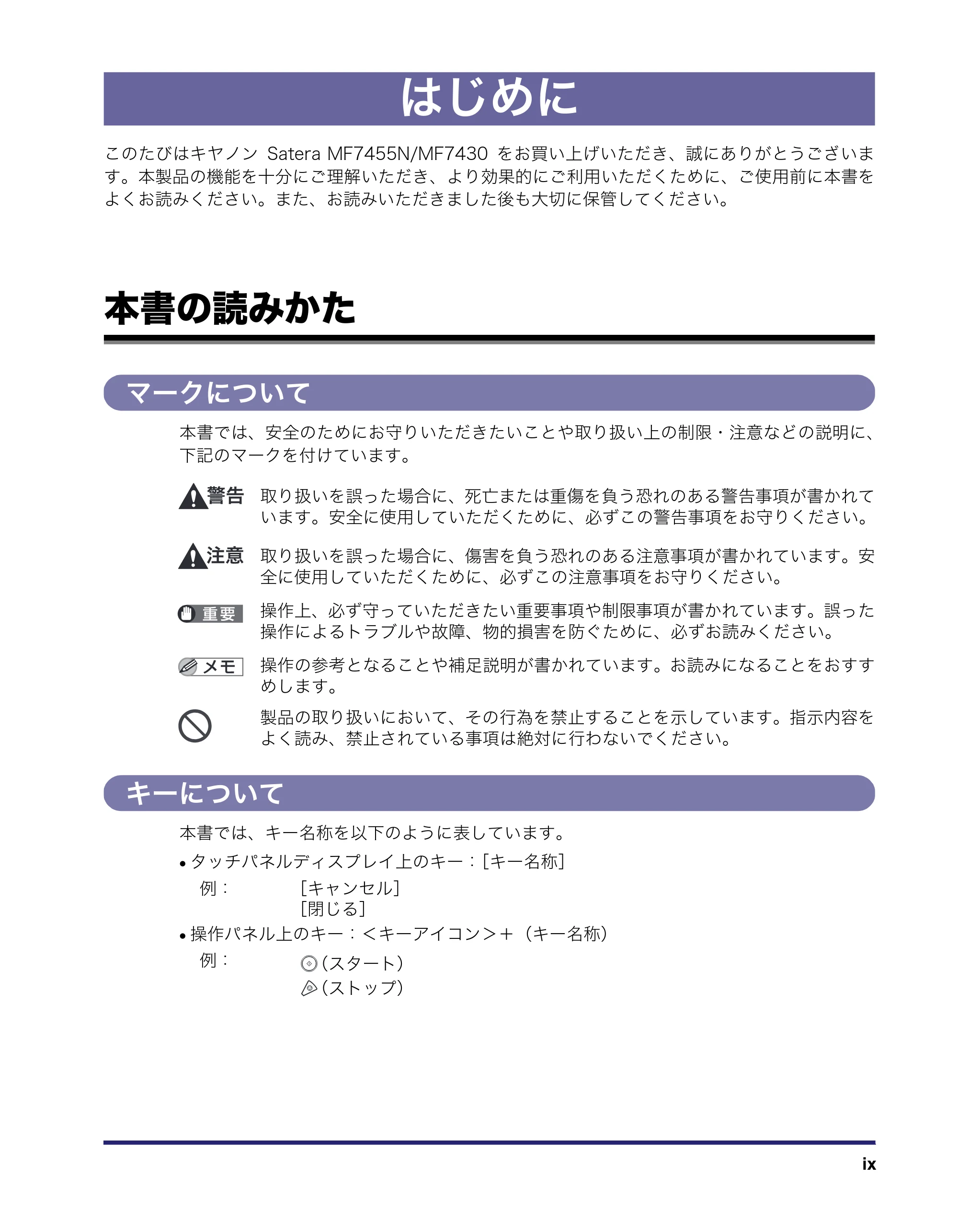 キヤノン MF7455N/MF7430 ユーザーズガイド 2010年10月12日更新 （PDF形式／22.59Mバイト） — はじめに — 原本ページ — 11ページ