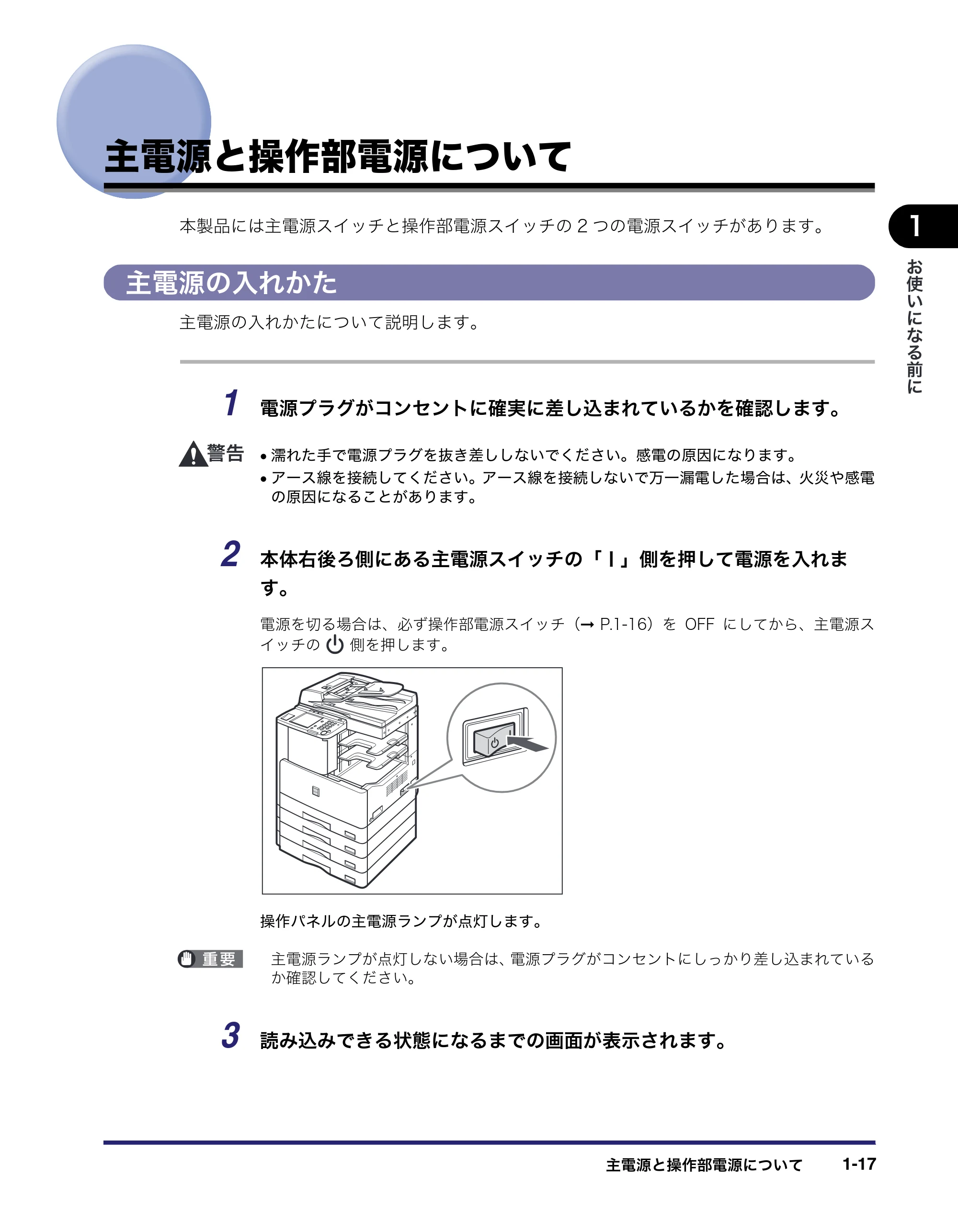 キヤノン MF7455N/MF7430 ユーザーズガイド 2010年10月12日更新 （PDF形式／22.59Mバイト） — 主電源と操作部電源について — 原本ページ — 45ページ