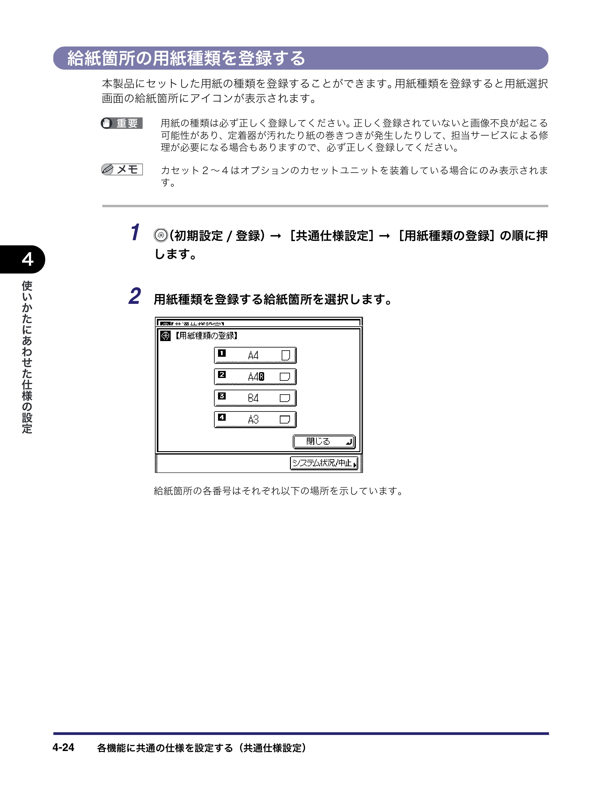 キヤノン MF7455N/MF7430 ユーザーズガイド 2010年10月12日更新 （PDF形式／22.59Mバイト） — 給紙箇所の用紙種類を登録する — 原本ページ — 188ページ