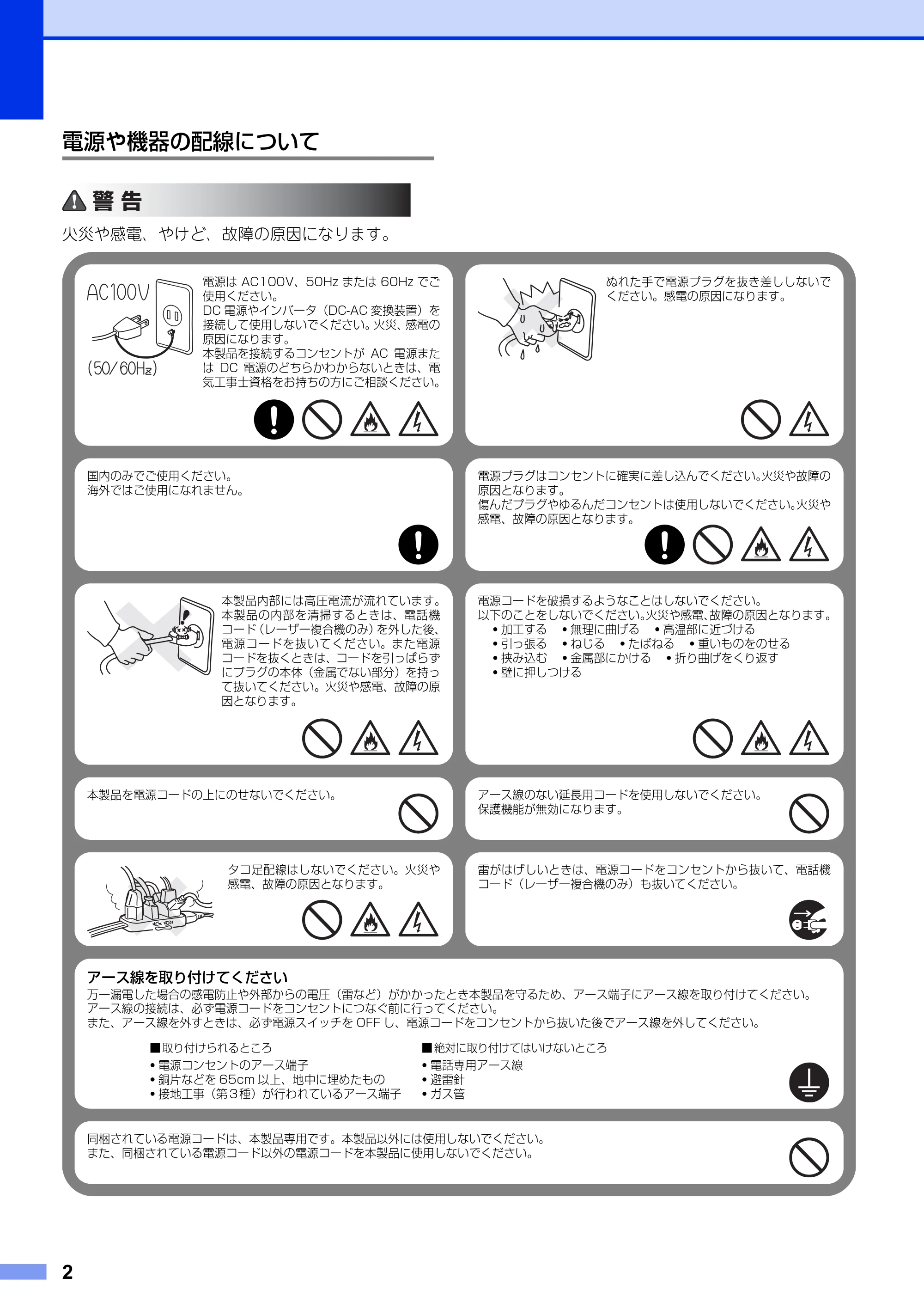 ブラザー HL-4570CDW/ HL-4570CDWT / MFC-9460CDN / MFC-9970CDW 安全にお使いいただくために — 電源や機器の配線について — 原本ページ — 2ページ