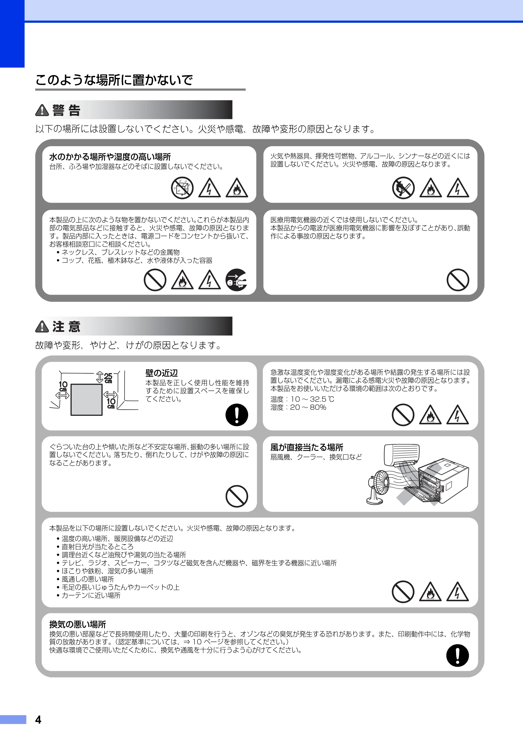 ブラザー HL-4570CDW/ HL-4570CDWT / MFC-9460CDN / MFC-9970CDW 安全にお使いいただくために — このような場所に置かないで — 原本ページ — 4ページ