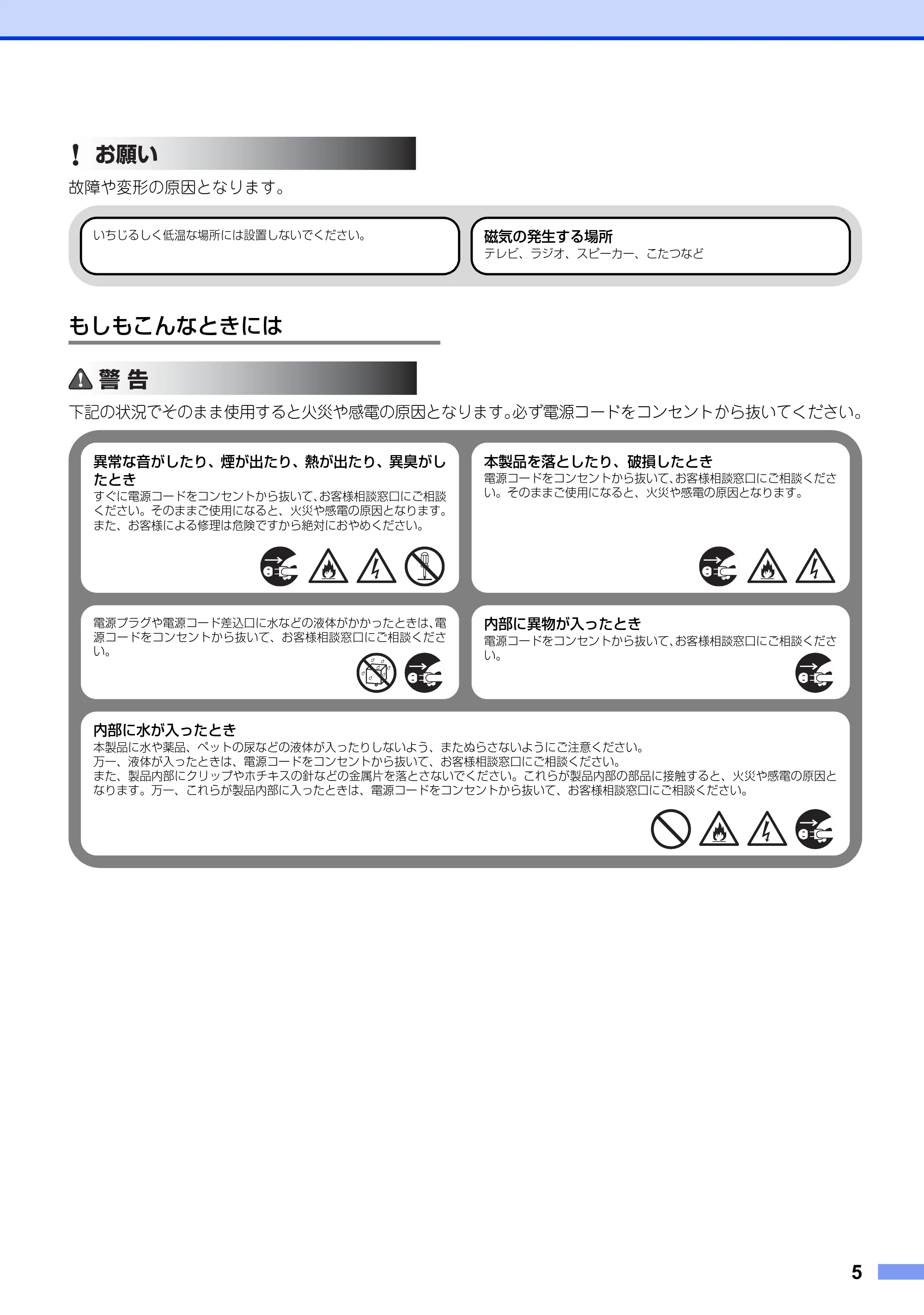 ブラザー HL-4570CDW/ HL-4570CDWT / MFC-9460CDN / MFC-9970CDW 安全にお使いいただくために — もしもこんなときには — 原本ページ — 5ページ