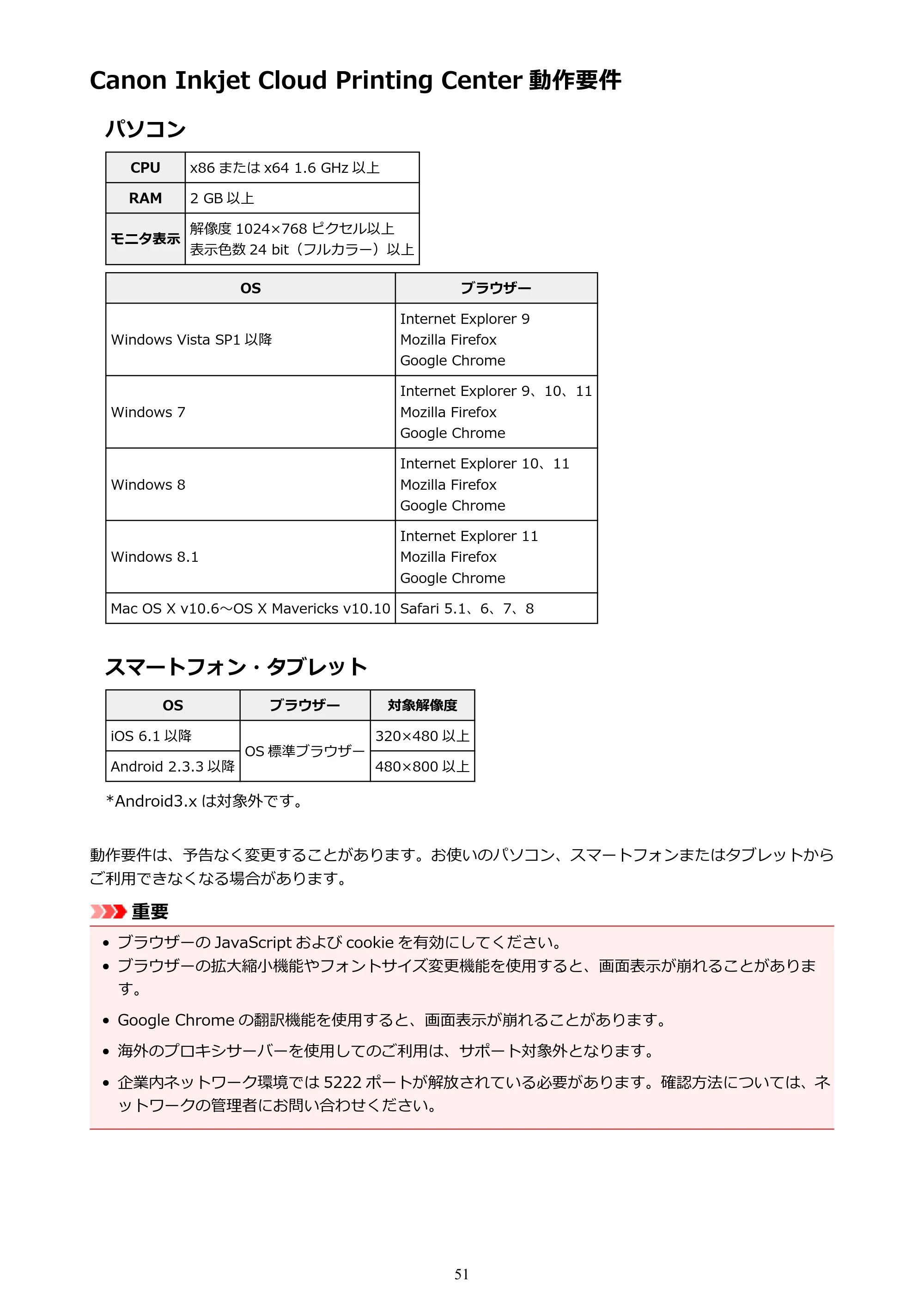 キヤノン PIXUS MG3630 MG3630 (PDF) オンラインマニュアル - 取扱説明書 - (Mac) 2026年5月21日更新(PDF:9.2MB) — Canon Inkjet Cloud Printing Center 動作要件 — 原本ページ — 51ページ