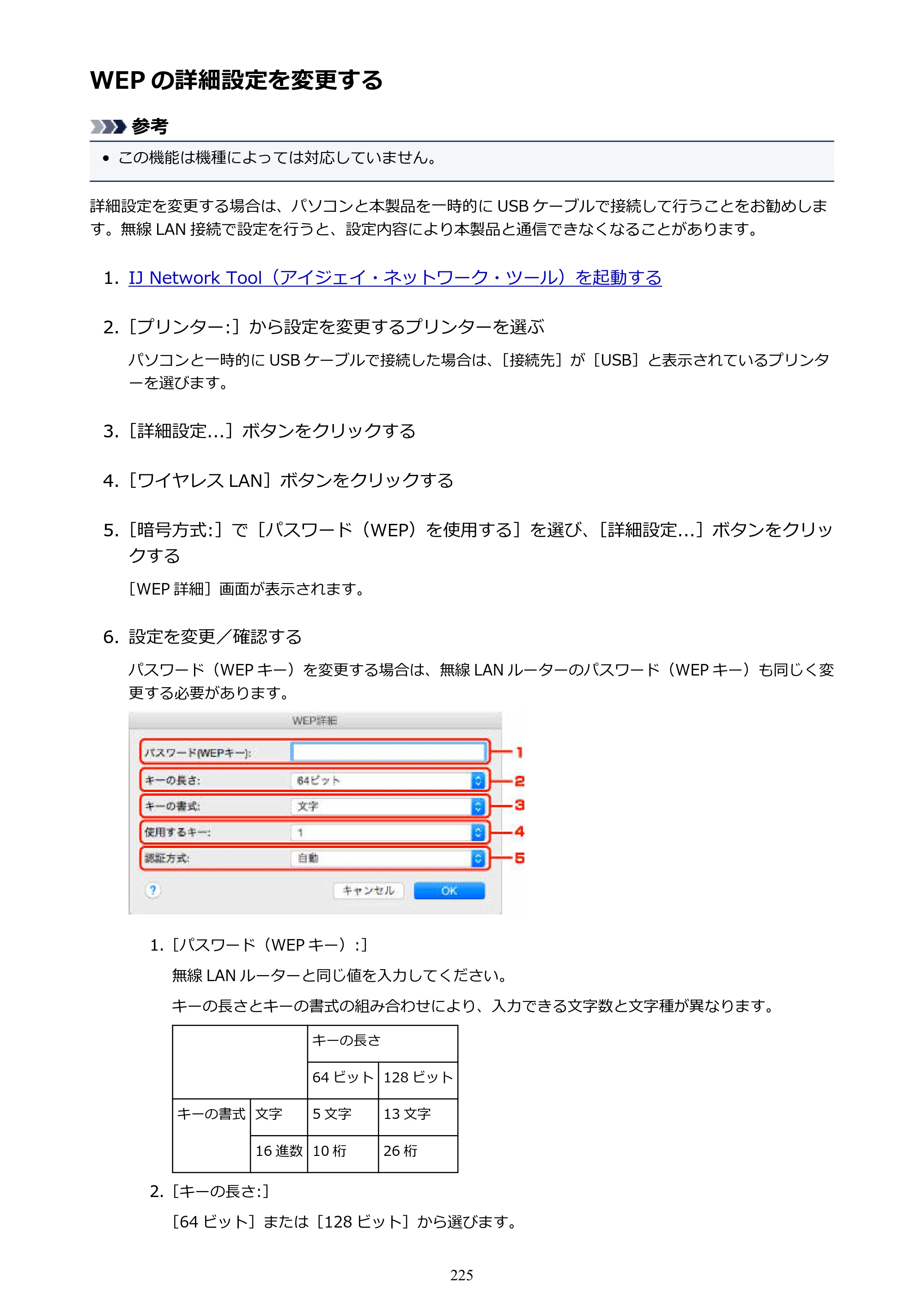 キヤノン PIXUS MG3630 MG3630 （PDF） オンラインマニュアル - 取扱説明書 - （Mac） 2026年5月21日更新（PDF：9.2MB） — WEP の詳細設定を変更する — 原本ページ — 225ページ
