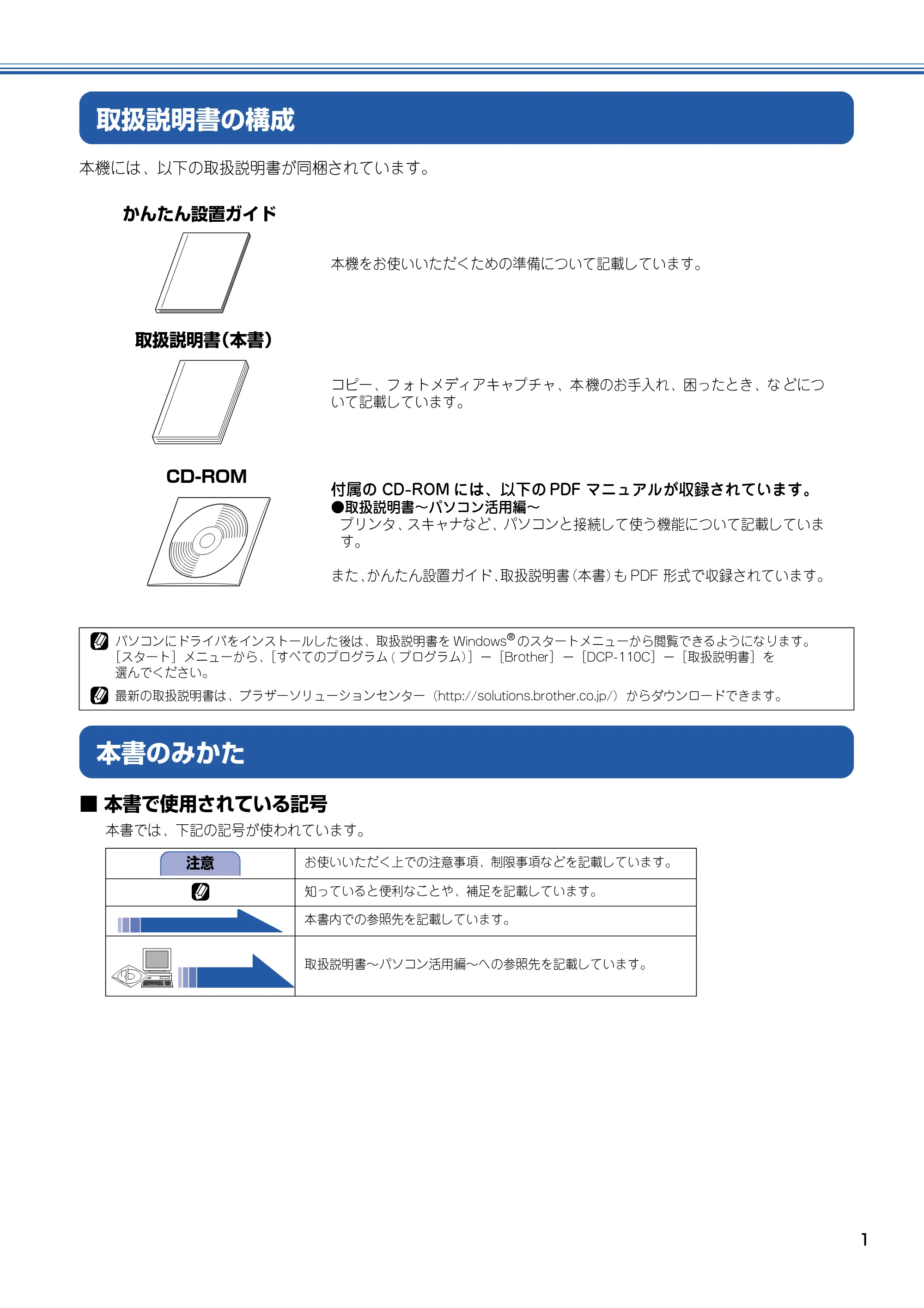 ブラザー DCP-110C 取扱説明書(本体) — 取扱説明書の構成 — 原本ページ — 2ページ