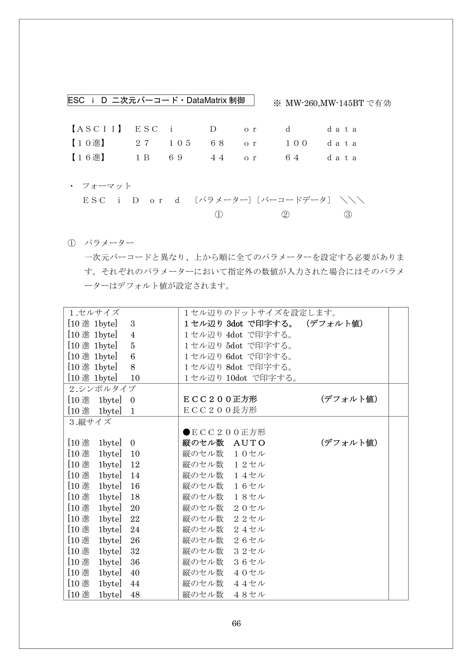 ブラザー MW-260 / MW-260MFi / MW-120 ESC/Pコマンドリファレンス — ESC ｉ D 二次元バーコード・DataMatrix制御 — 原本ページ — 66ページ