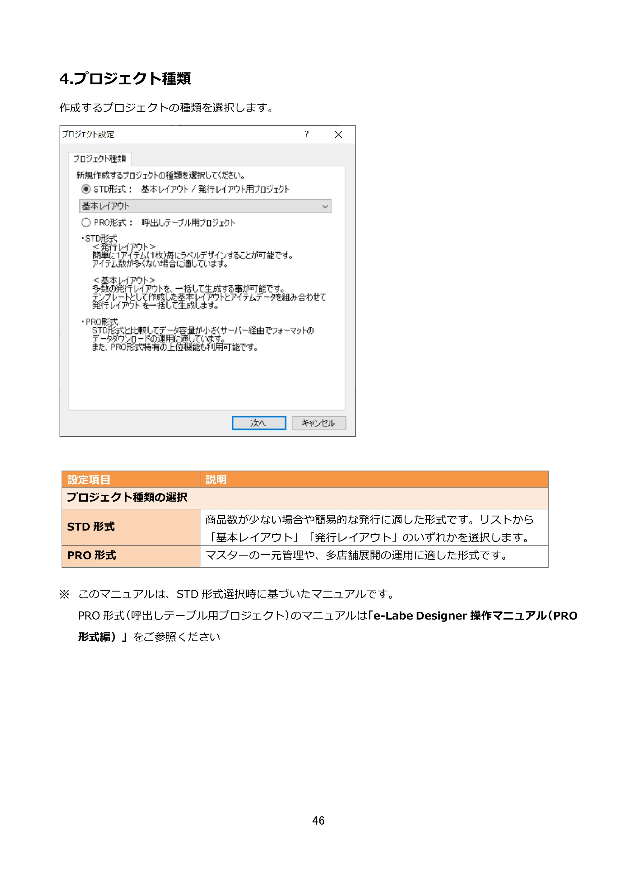 サトー FLEQV(フレキューブ) FX3-LX / FLEQV(フレキューブ) FX3-Plus / LEQV(フレキューブ) FX3-Plus e-Labe Designer操作マニュアル STD形式（第25版） — 4.プロジェクト種類 — 原本ページ — 47ページ