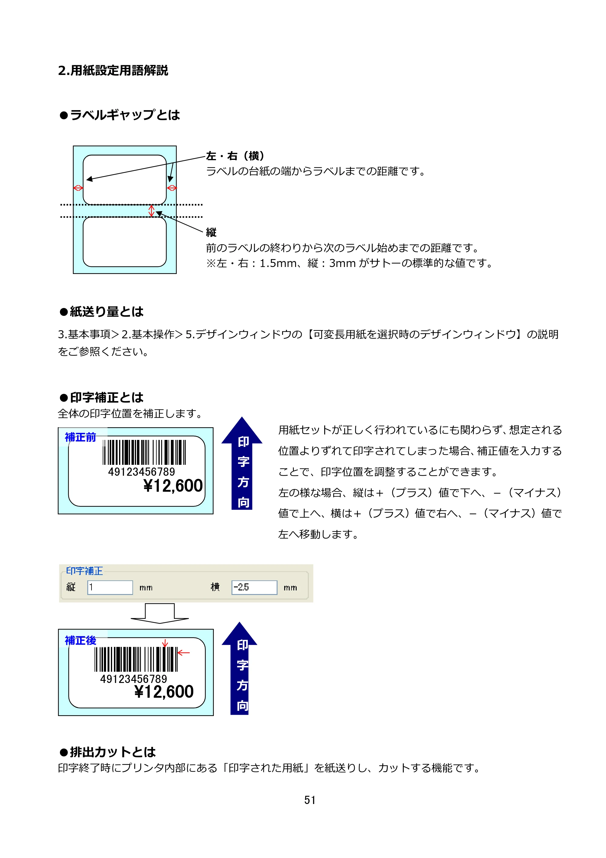 サトー FLEQV(フレキューブ) FX3-LX / FLEQV(フレキューブ) FX3-Plus / LEQV(フレキューブ) FX3-Plus e-Labe Designer操作マニュアル STD形式（第25版） — 2.用紙設定用語解説 — 原本ページ — 52ページ