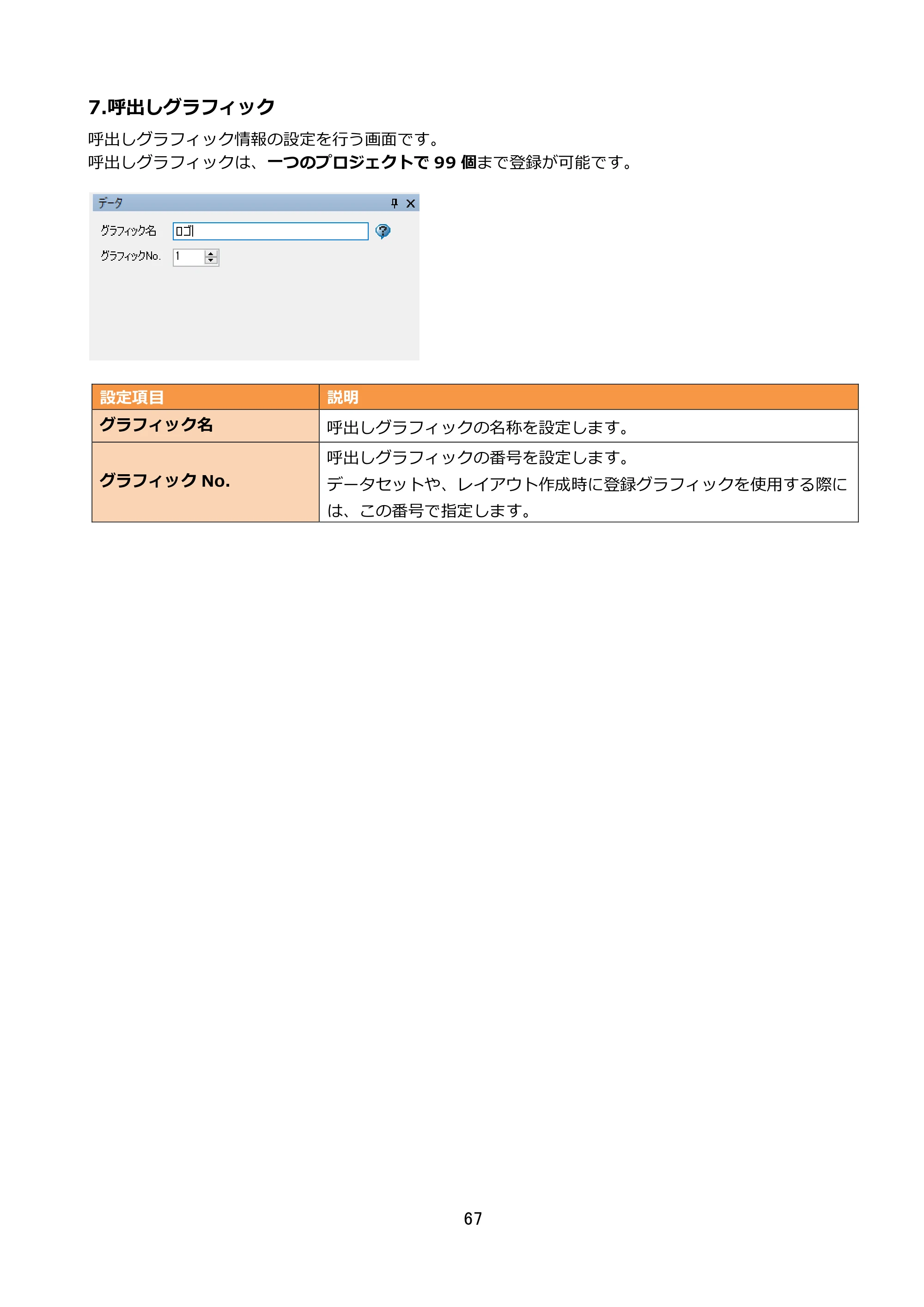 サトー FLEQV(フレキューブ) FX3-LX / FLEQV(フレキューブ) FX3-Plus / LEQV(フレキューブ) FX3-Plus e-Labe Designer操作マニュアル STD形式（第25版） — 7.呼出しグラフィック — 原本ページ — 68ページ