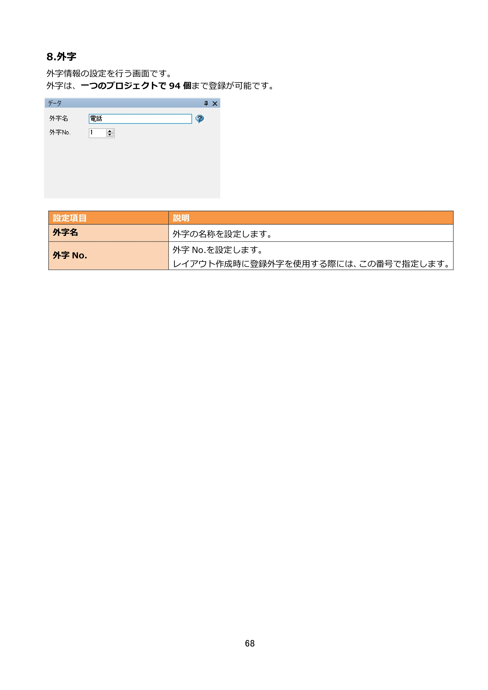 サトー FLEQV(フレキューブ) FX3-LX / FLEQV(フレキューブ) FX3-Plus / LEQV(フレキューブ) FX3-Plus e-Labe Designer操作マニュアル STD形式（第25版） — 8.外字 — 原本ページ — 69ページ