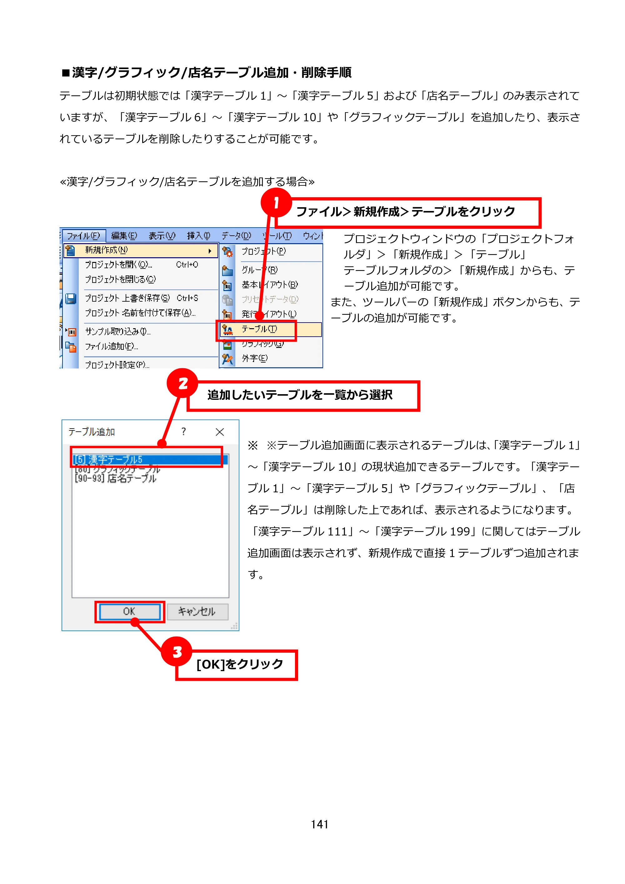サトー FLEQV(フレキューブ) FX3-LX / FLEQV(フレキューブ) FX3-Plus / LEQV(フレキューブ) FX3-Plus e-Labe Designer操作マニュアル STD形式（第25版） — ■漢字/グラフィック/店名テーブル追加・削除手順 — 原本ページ — 142ページ