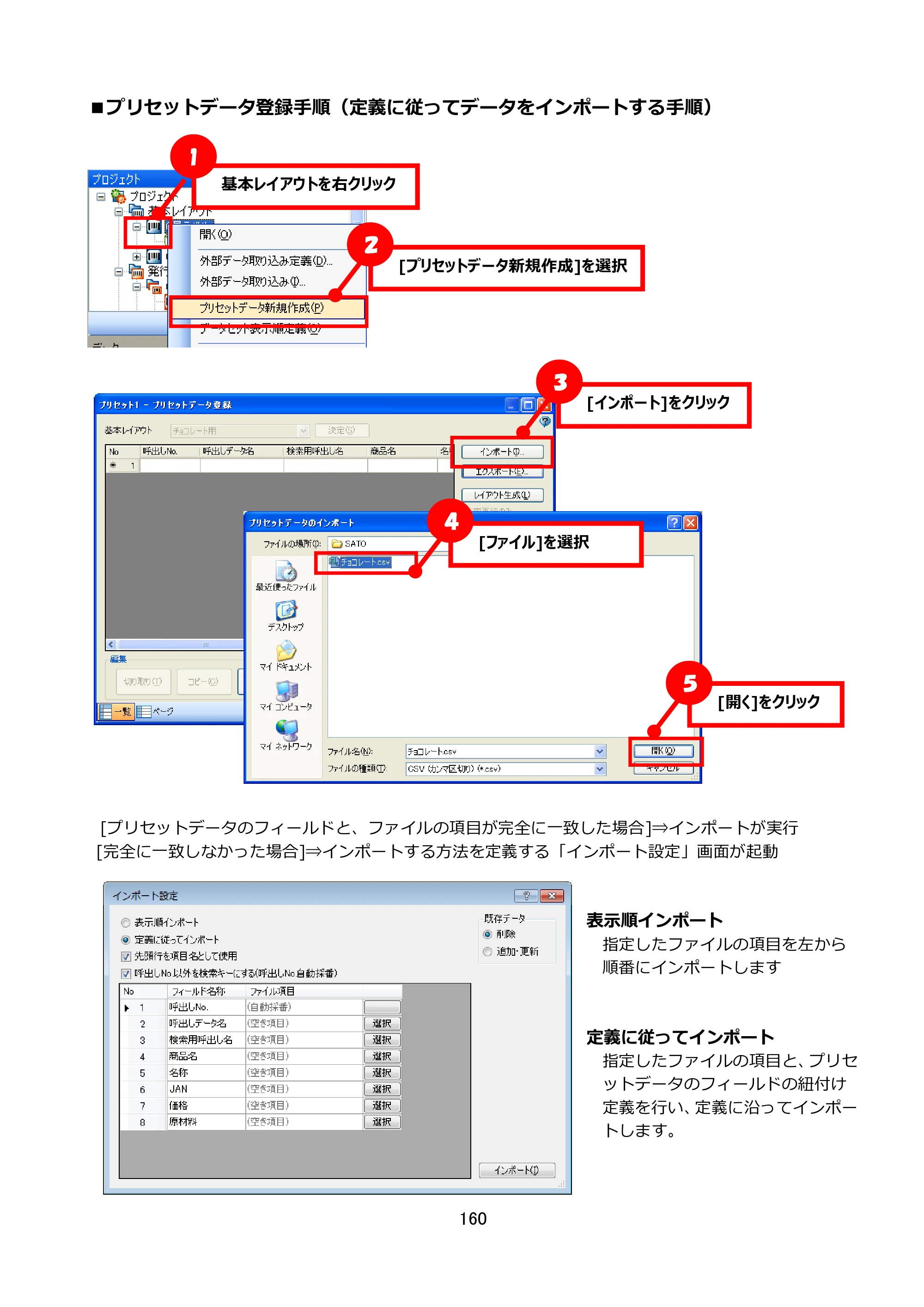 サトー FLEQV(フレキューブ) FX3-LX / FLEQV(フレキューブ) FX3-Plus / LEQV(フレキューブ) FX3-Plus e-Labe Designer操作マニュアル STD形式（第25版） — ■プリセットデータ登録手順（定義に従ってデータをインポートする手順） — 原本ページ — 161ページ