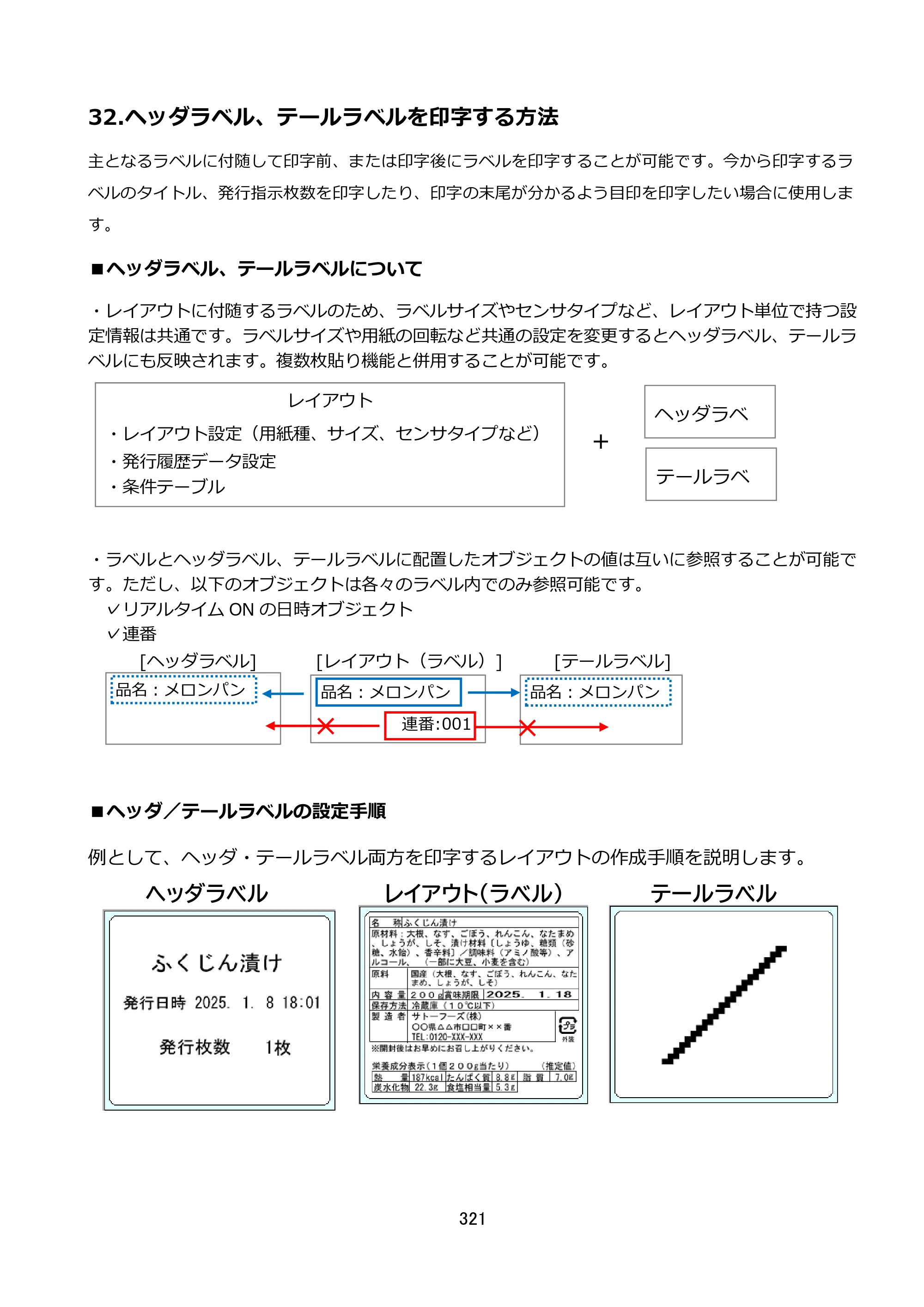 サトー FLEQV(フレキューブ) FX3-LX / FLEQV(フレキューブ) FX3-Plus / LEQV(フレキューブ) FX3-Plus e-Labe Designer操作マニュアル STD形式（第25版） — 32.ヘッダラベル、テールラベルを印字する方法 — 原本ページ — 322ページ