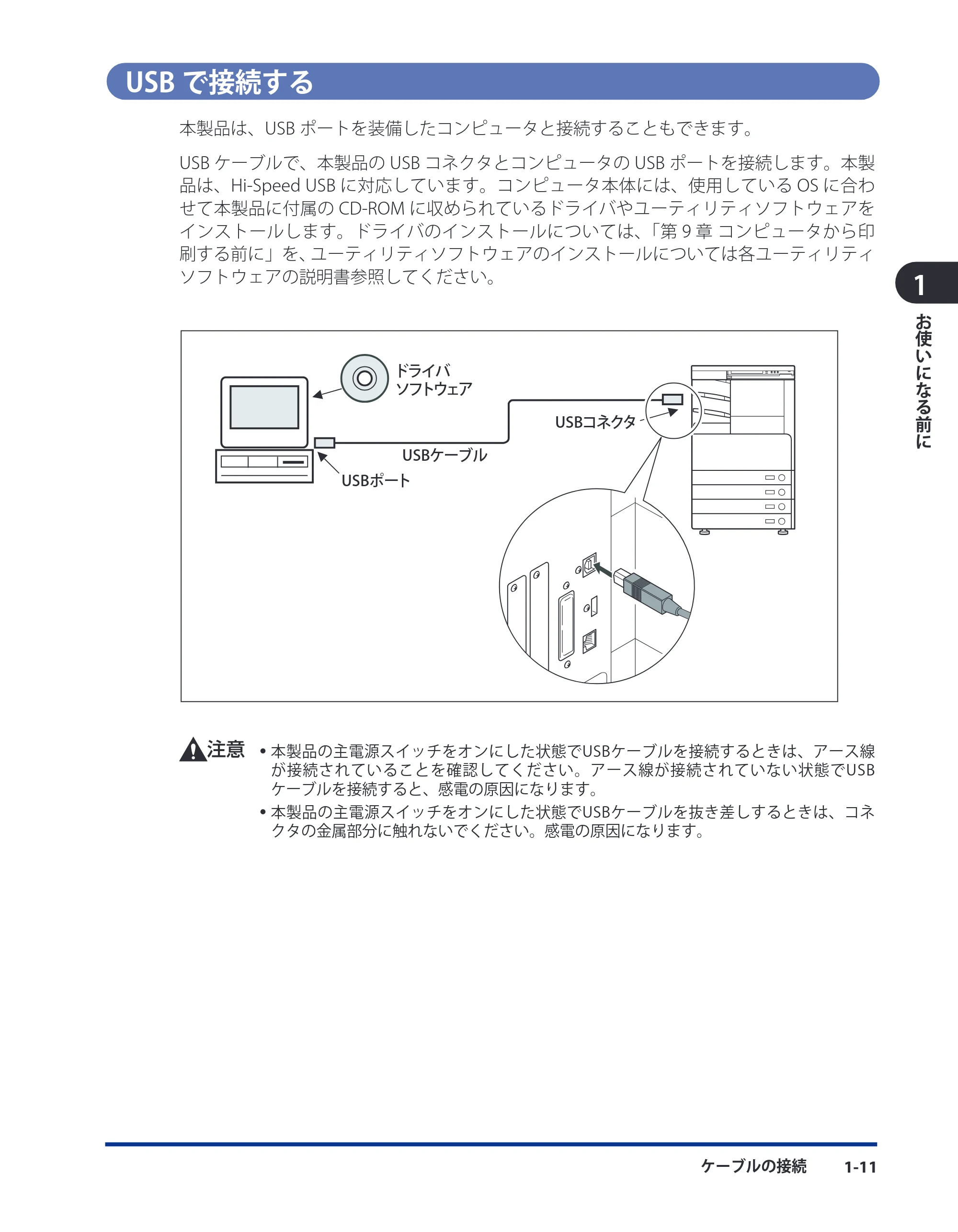キヤノン LBP4500 スタートガイド 2009年12月18日更新 （PDF形式／3.36Mバイト） — USBで接続する — 原本ページ — 21ページ