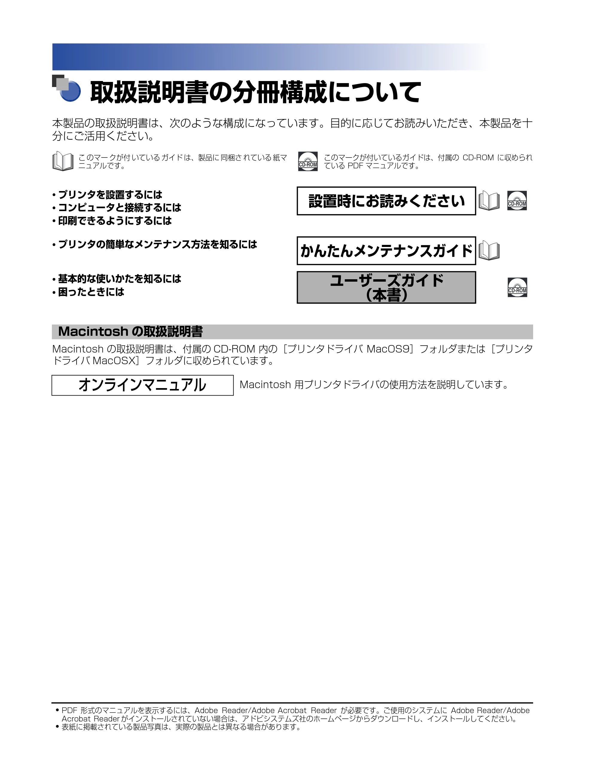 キヤノン LBP5200 ユーザーズガイド 2006年8月29日更新 （PDF形式／13.81Mバイト） — 取扱説明書の分冊構成について — 原本ページ — 2ページ
