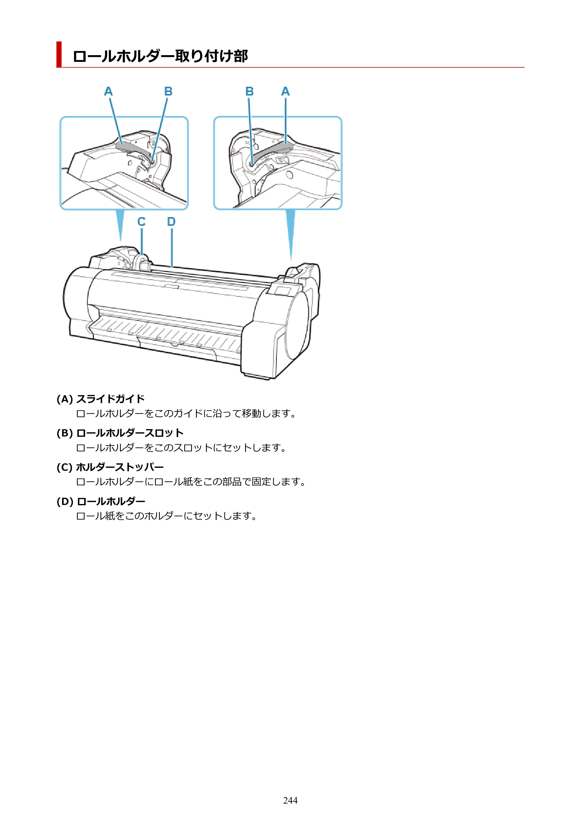 キヤノン TA-20・TA-30 TA-20 オンラインマニュアル PDF版（Windows版）2023年11月2日更新（PDF：19.7MB） — ロールホルダー取り付け部 — 原本ページ — 244ページ