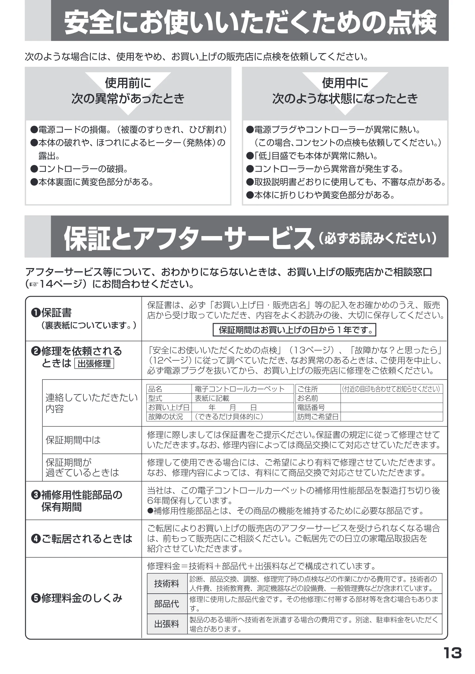 日立 HLU-3708GX / HLU-2708GX 取扱説明書 — 人 生にお使いいただくための点検 Sle Were <Te 7 — 図版 13-1 — 13ページ