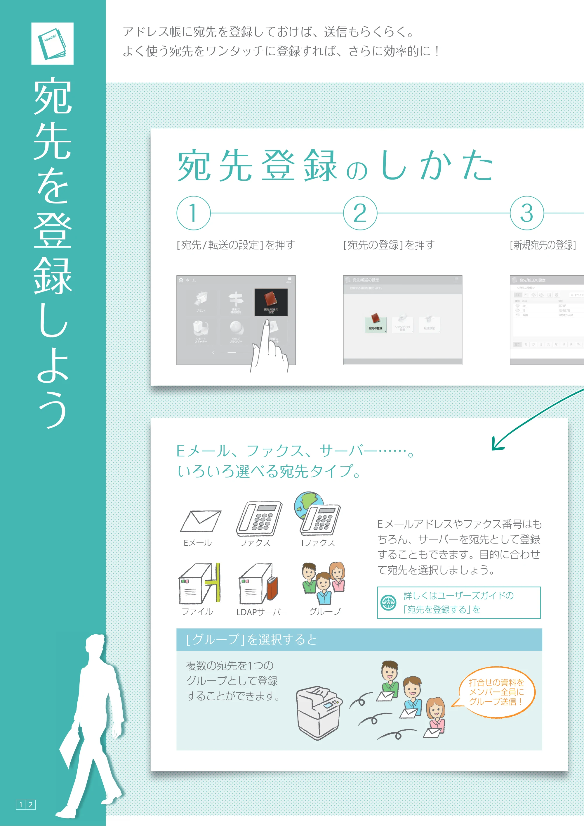 キヤノン A3機用) かんたん操作ガイド（A3機用） 2019年1月18日更新（PDF：19.15MB） — 宛先を登録しよう — 原本ページ — 12ページ