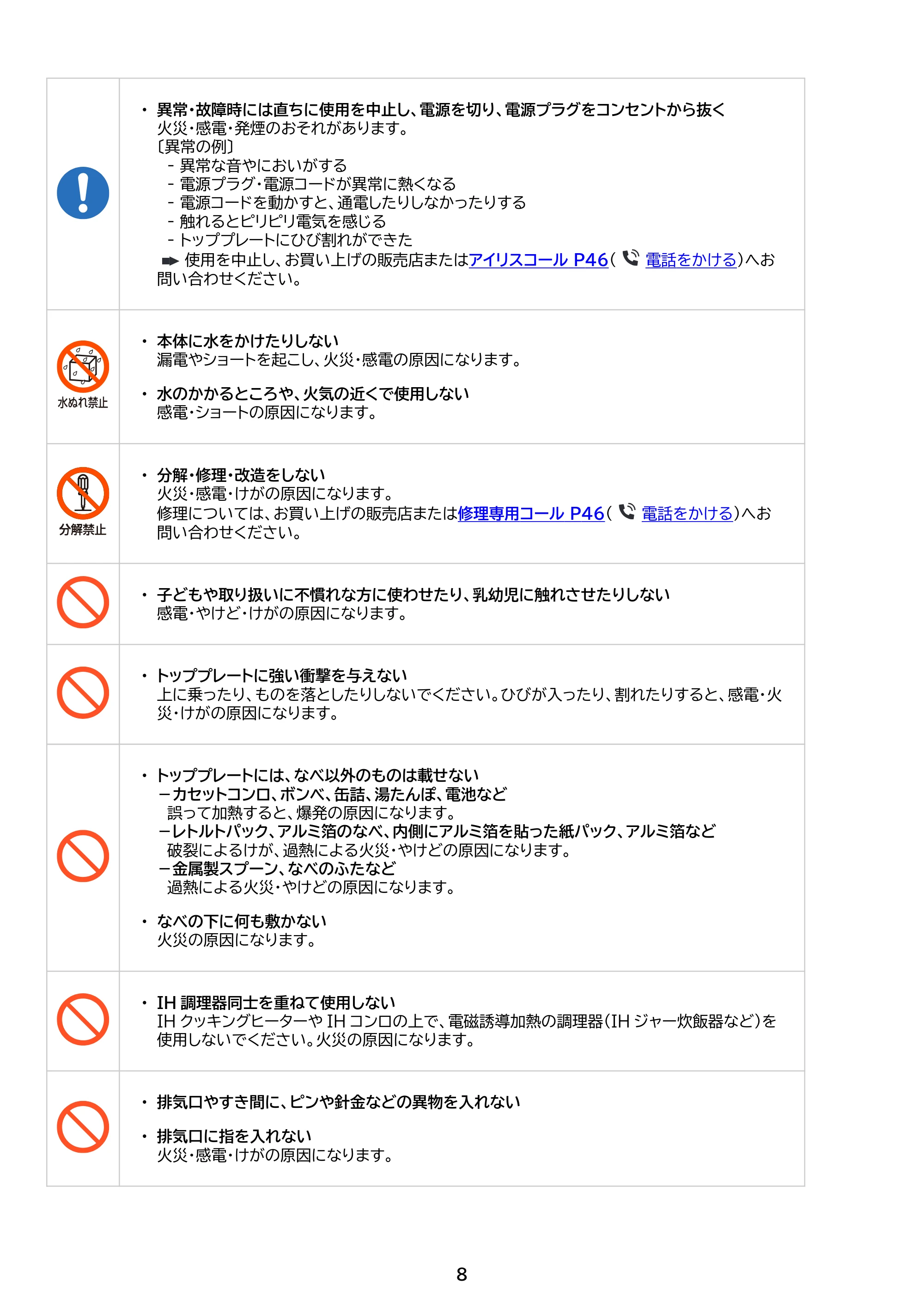 アイリスオーヤマ IHK-WT41S 取扱説明書 — 原本ページ — 8ページ