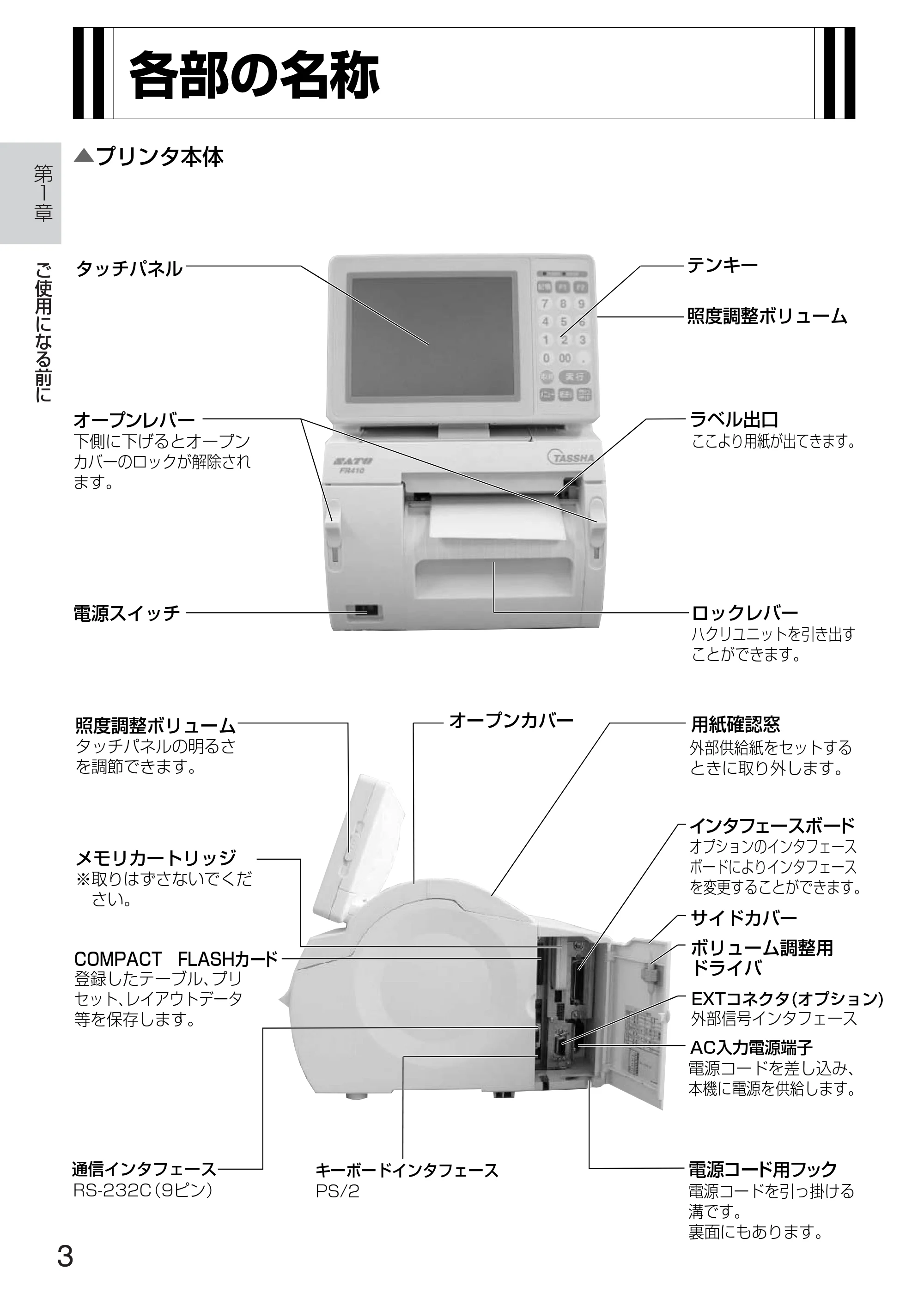 サトー TASSHA FR410 / ASSHA FR410 取扱説明書 — 各部の名称 — 原本ページ — 11ページ