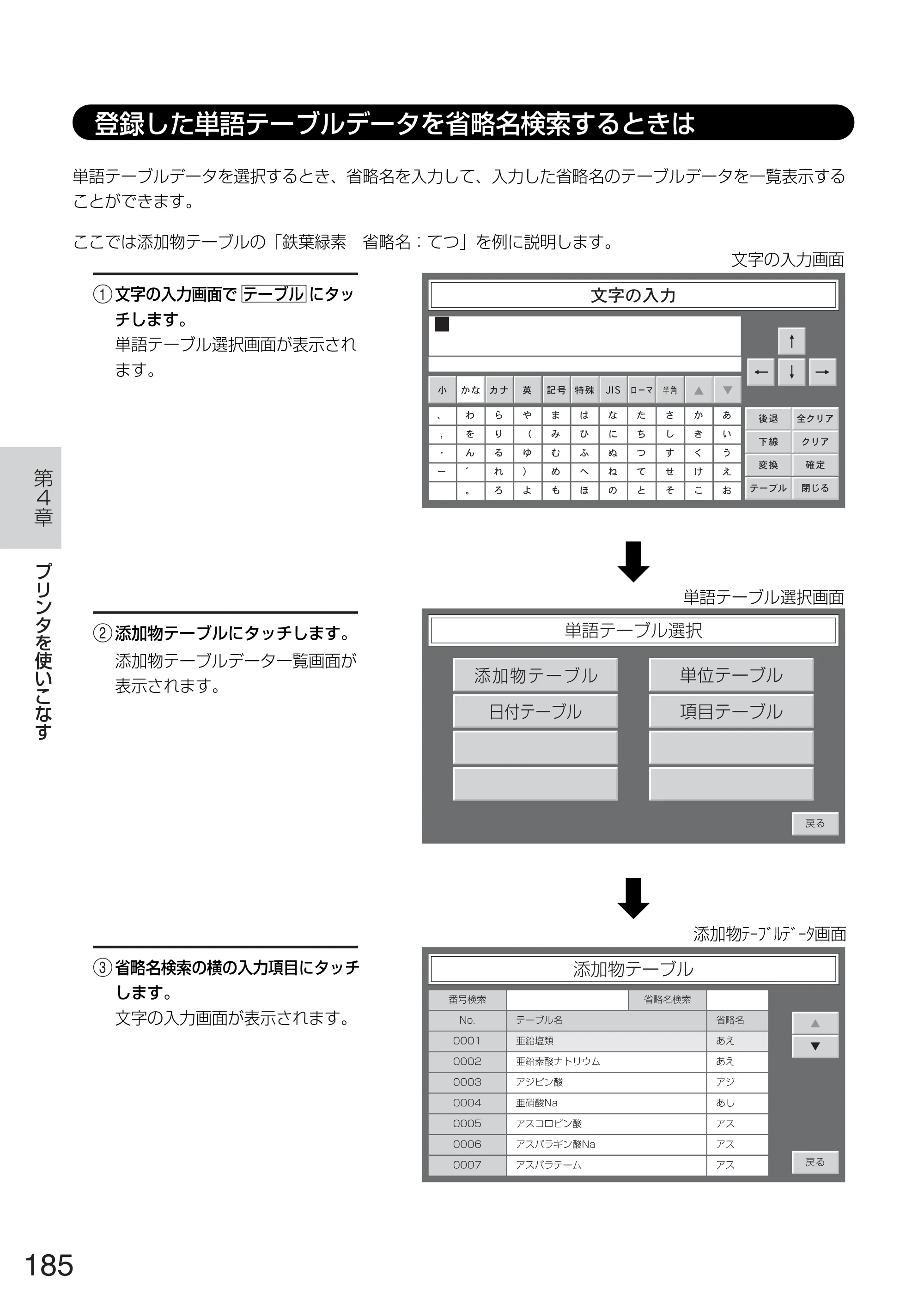 サトー TASSHA FR410 / ASSHA FR410 取扱説明書 — 登録した単語テーブルデータを省略名検索するときは — 原本ページ — 193ページ