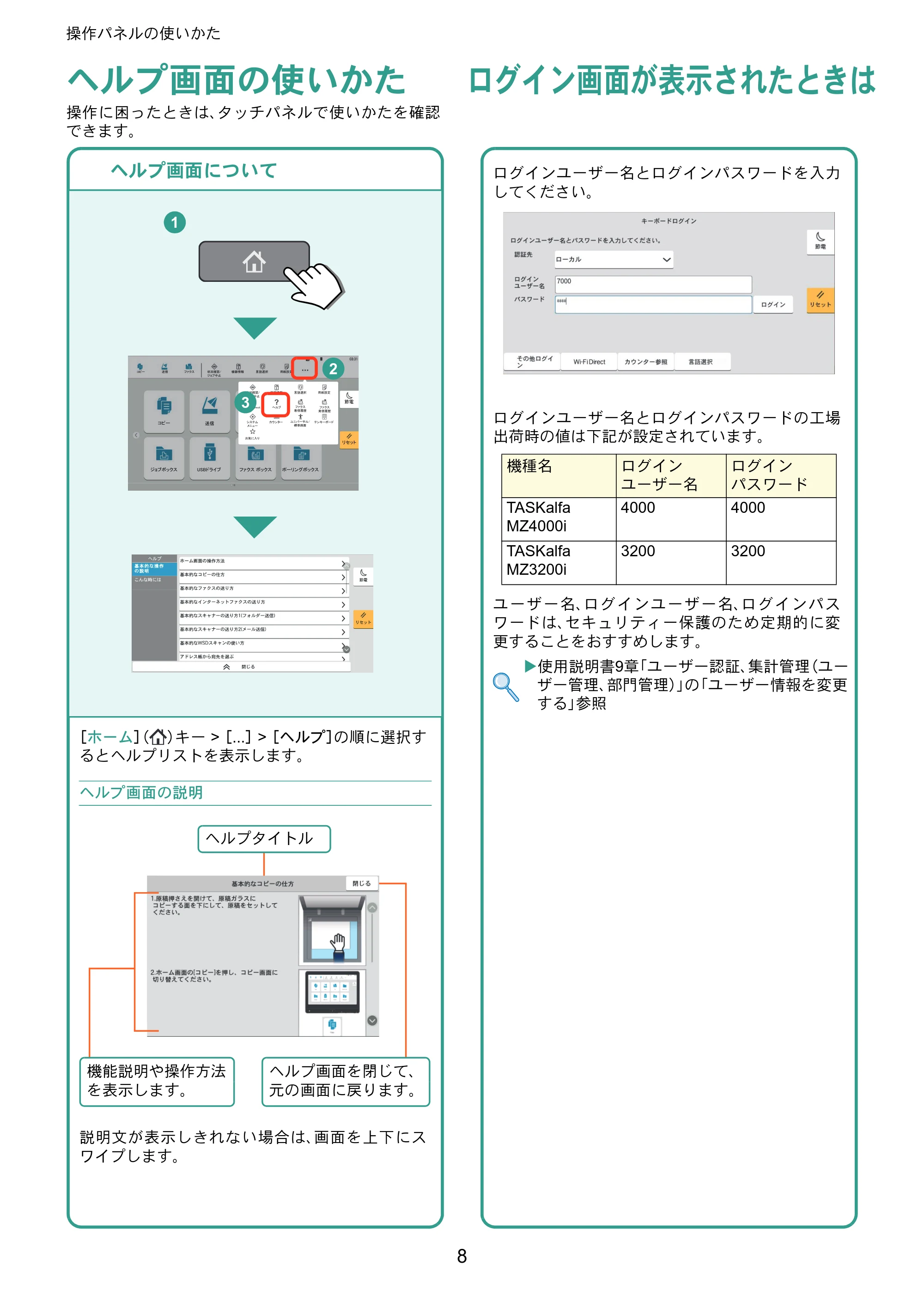 京セラ TASKalfa MZ3200i / TASKalfa MZ4000i TASKalfa MZ4000i/MZ3200i クイックガイド — ヘルプ画面の使いかた — 原本ページ — 8ページ