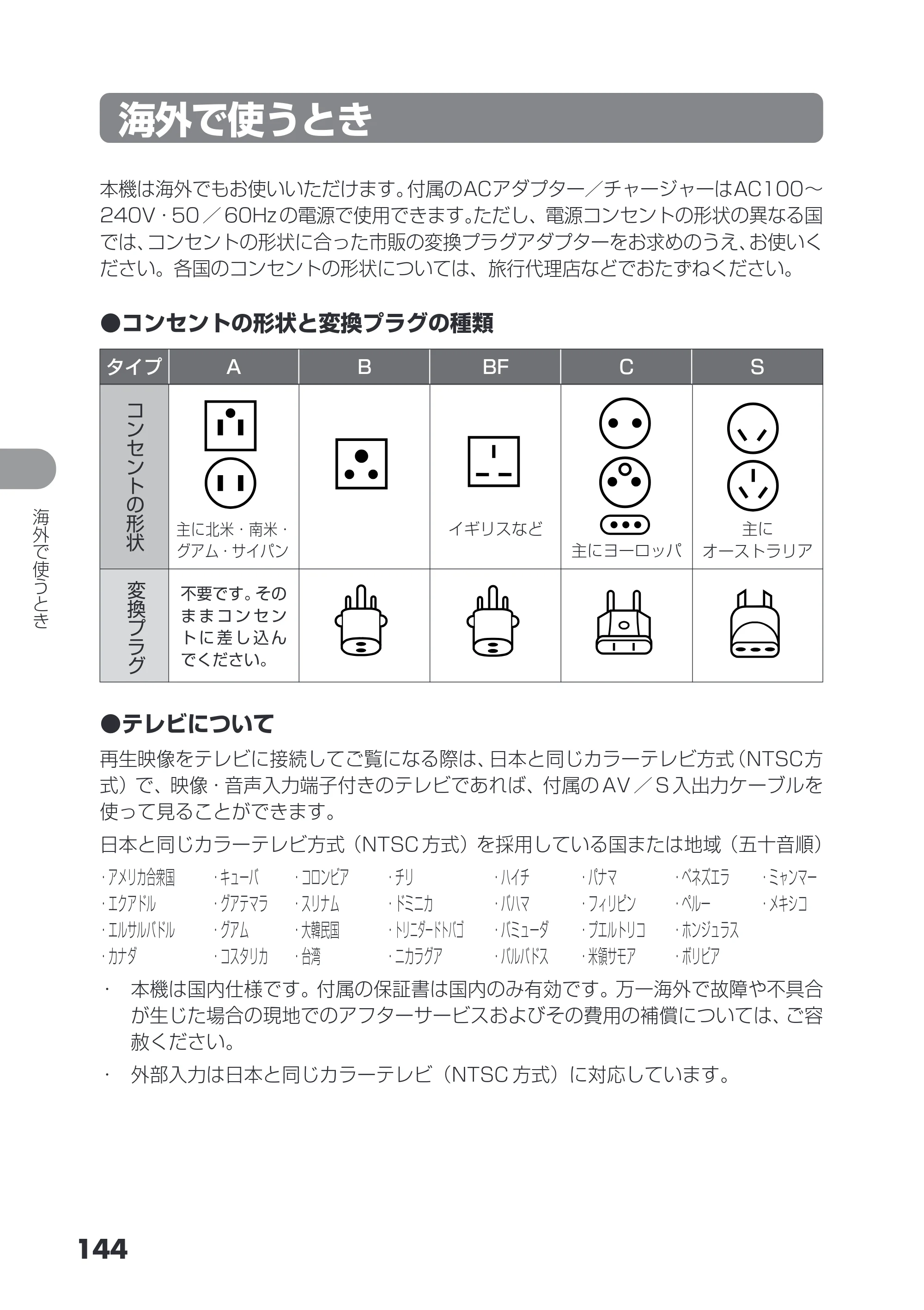 日立 DZ-GX3200 / DZ-GX3100 取扱説明書 — 海外で使うとき — 原本ページ — 144ページ