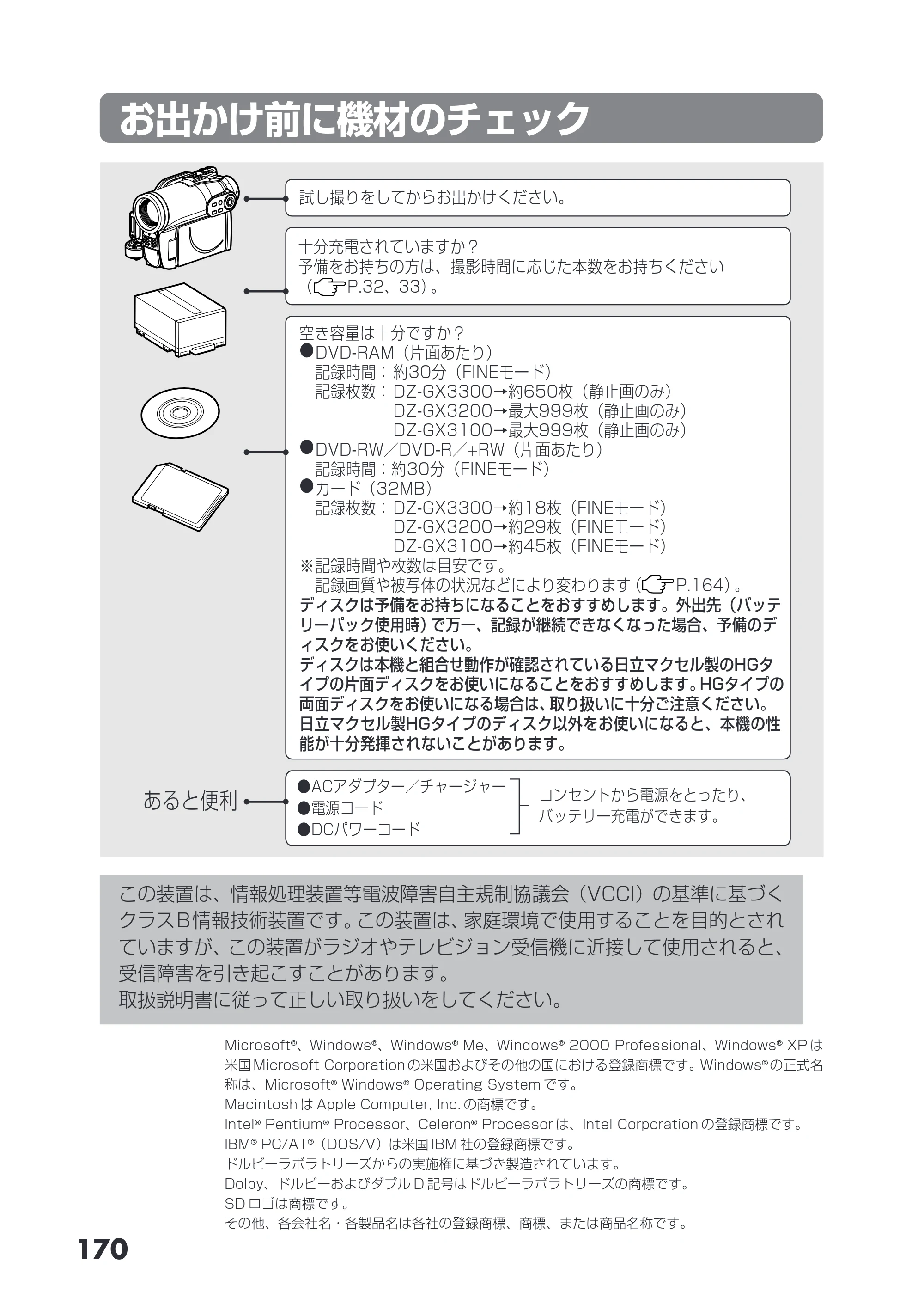 日立 DZ-GX3200 / DZ-GX3100 取扱説明書 — お出かけ前に機材のチェック — 原本ページ — 170ページ