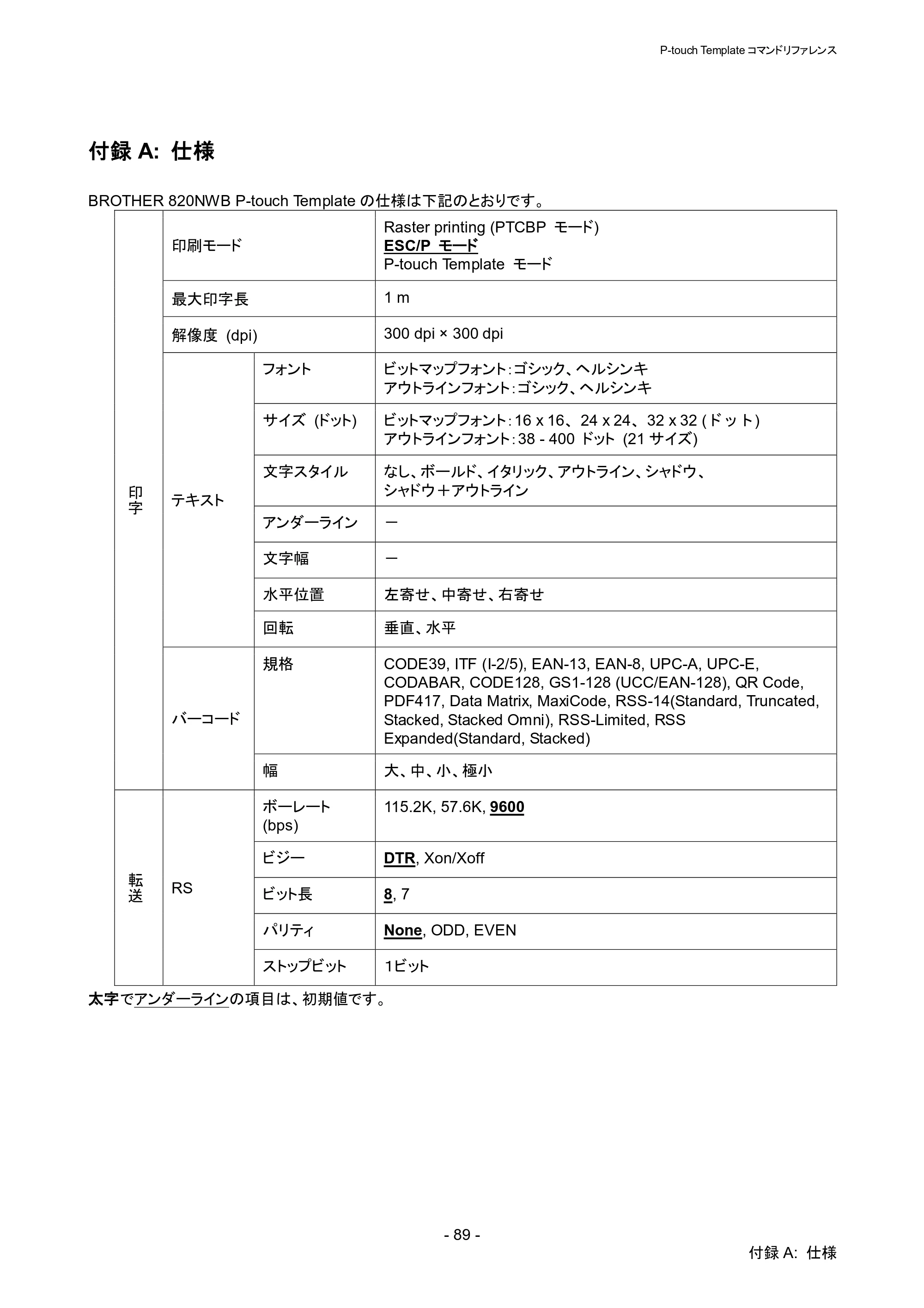ブラザー QL-820NWB/ 820NWBc P-touch テンプレートマニュアル / コマンドリファレンス — 付録A: 仕様 — 原本ページ — 94ページ