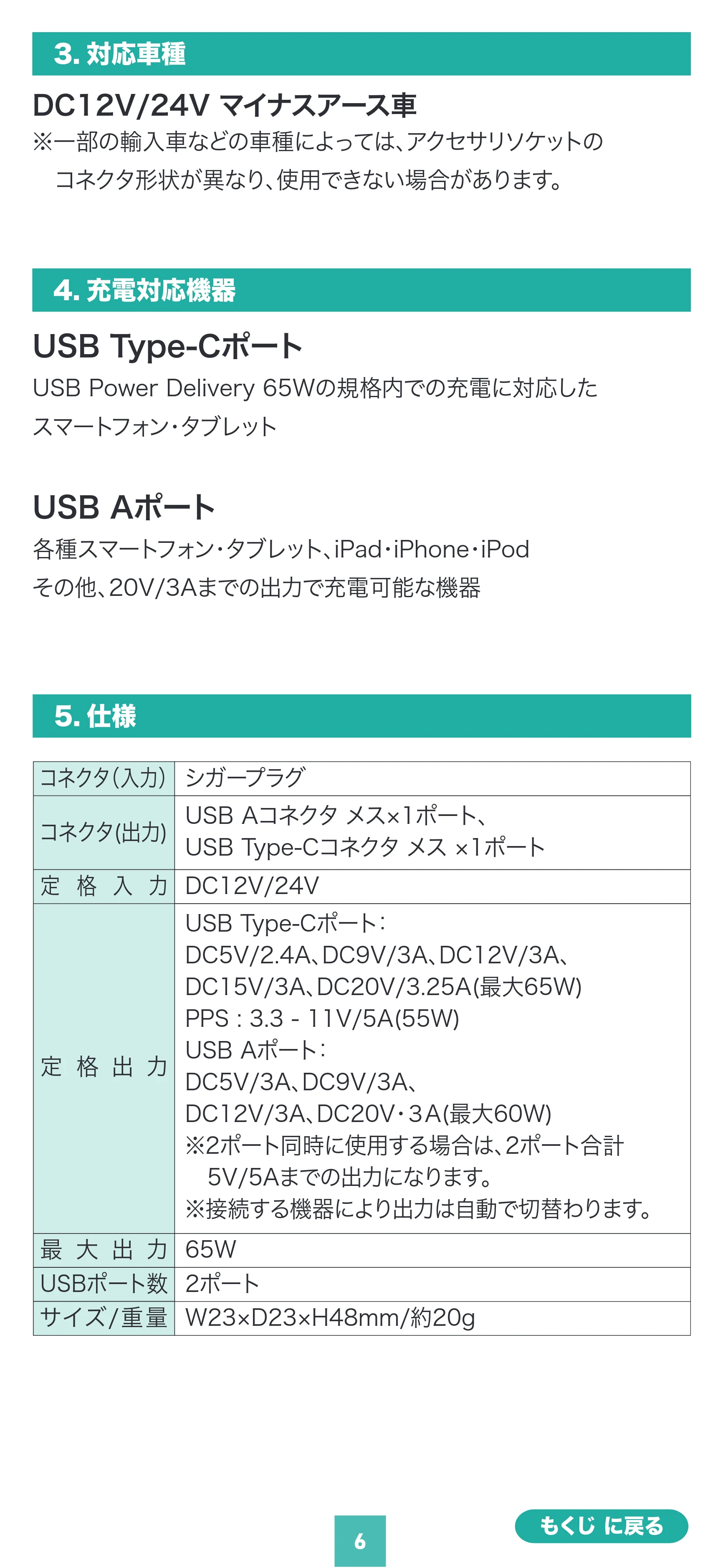 サンワサプライ 200-CAR124AC 取扱説明書 — 原本ページ — 6ページ