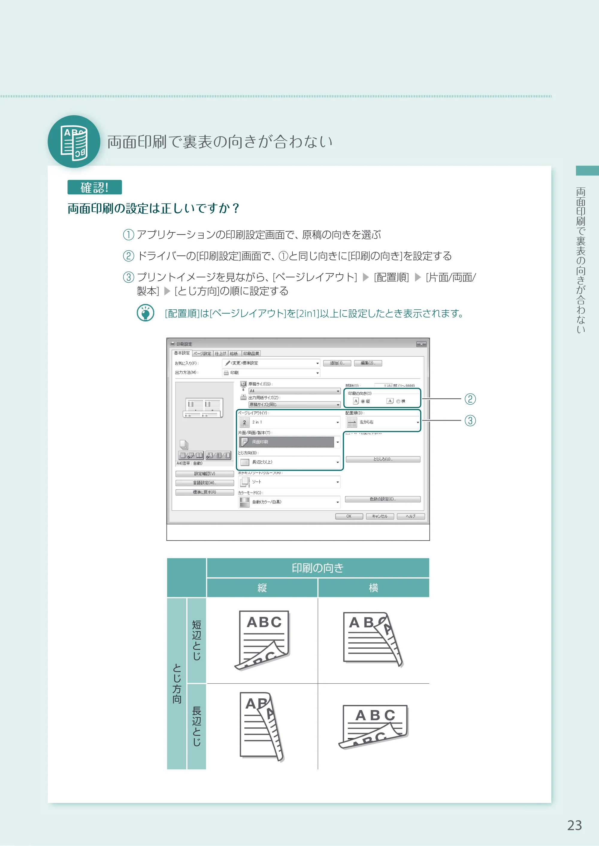 キヤノン A3機用) お困りごと解決ガイド 2020年5月14日更新（PDF：16.1MB） — 両面印刷で裏表の向きが合わない — 原本ページ — 23ページ
