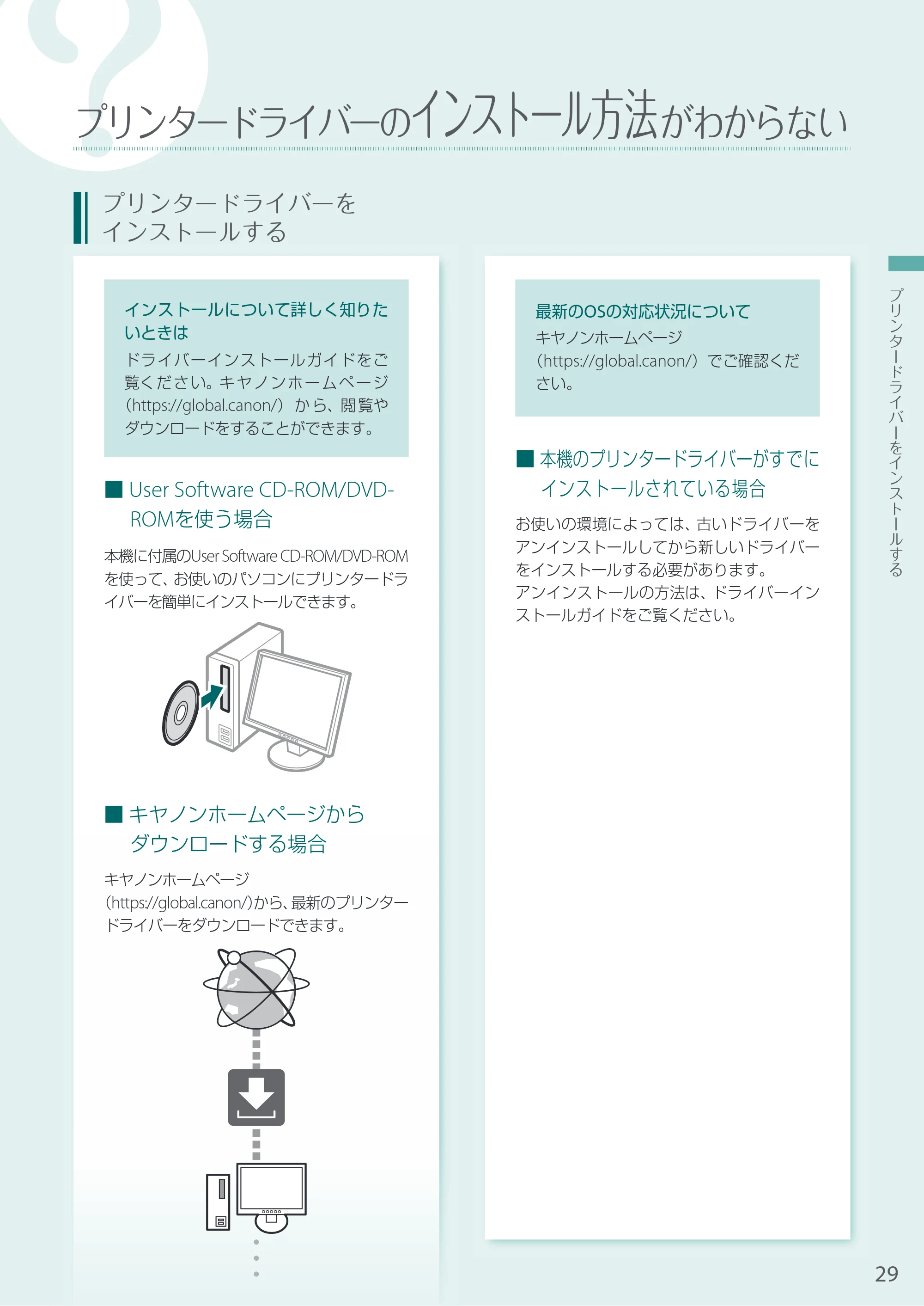 キヤノン A3機用) お困りごと解決ガイド 2020年5月14日更新（PDF：16.1MB） — プリンタードライバーのインストール方法がわからない — 原本ページ — 29ページ