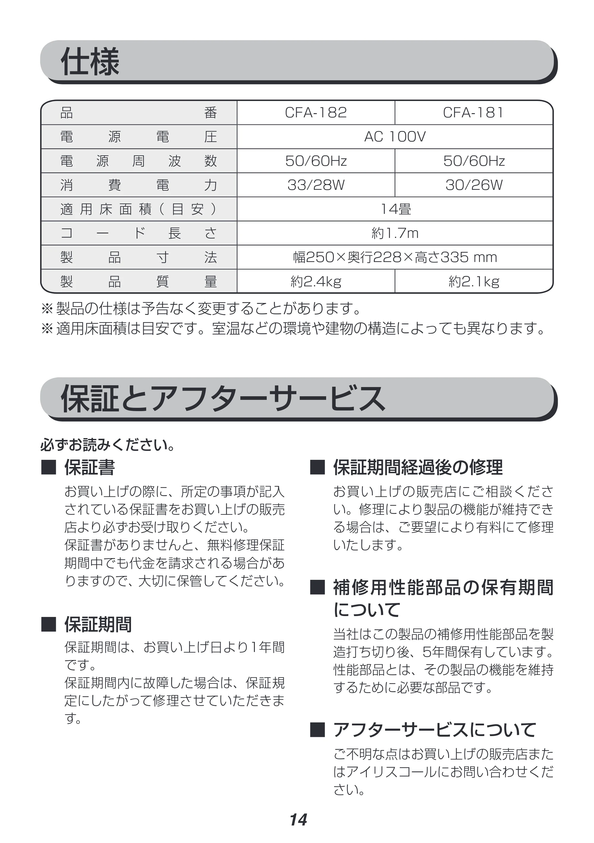アイリスオーヤマ CFA-181 取扱説明書 — 原本ページ — 14ページ