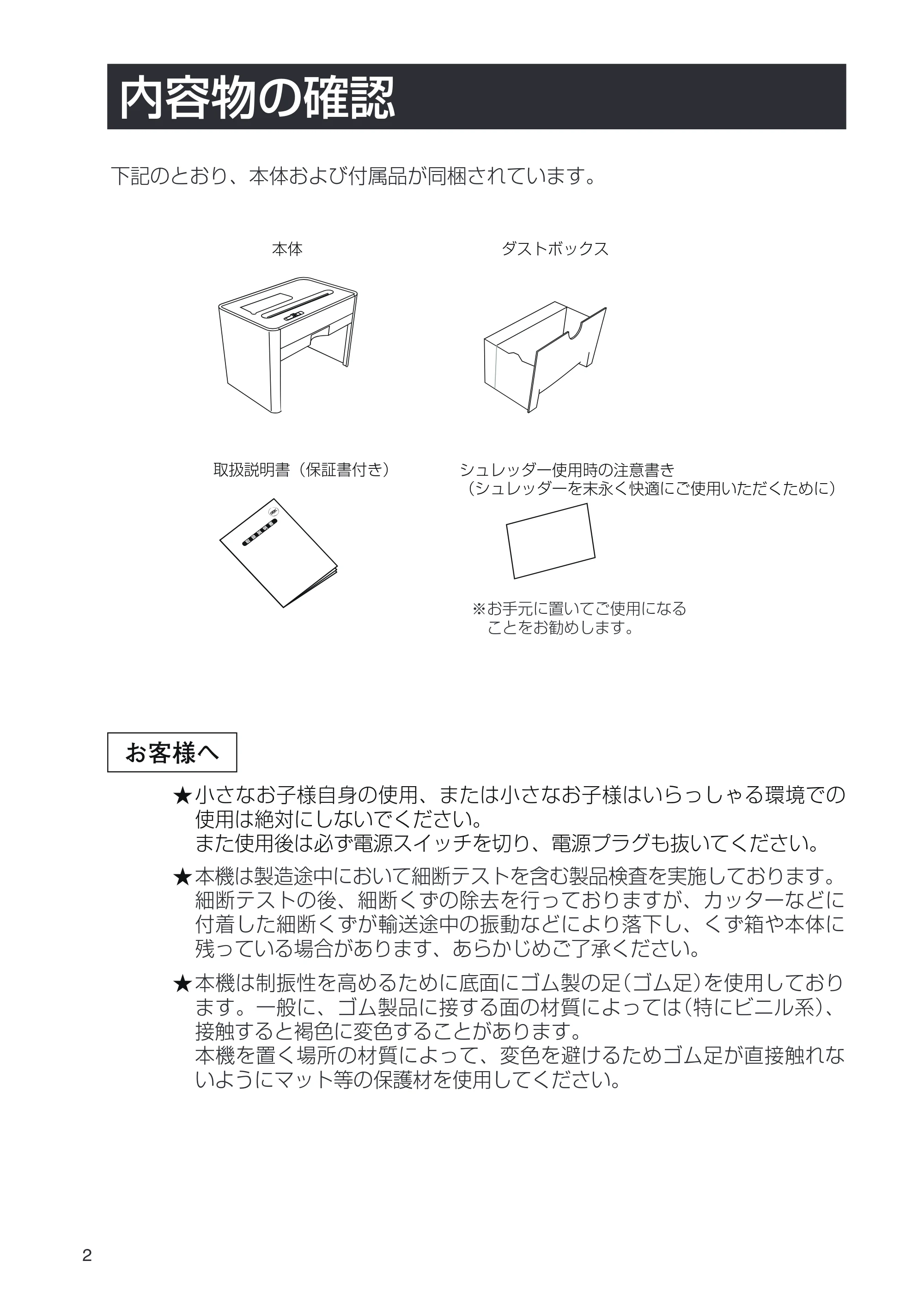 日立 HPS-100CDX 取扱説明書 — 内容物の確認 — 原本ページ — 2ページ