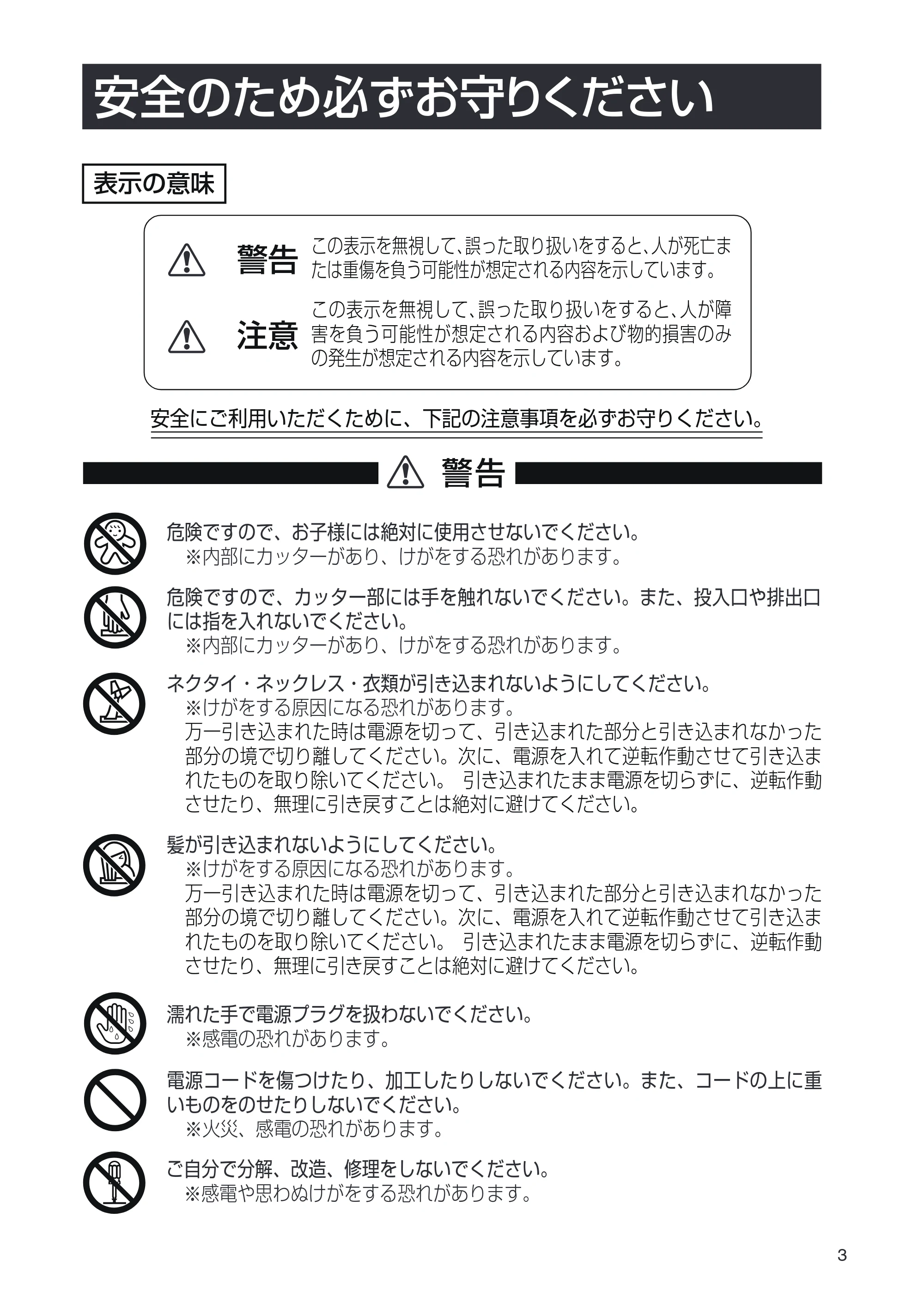 日立 HPS-100CDX 取扱説明書 — 安全のため必ずお守りください — 原本ページ — 3ページ