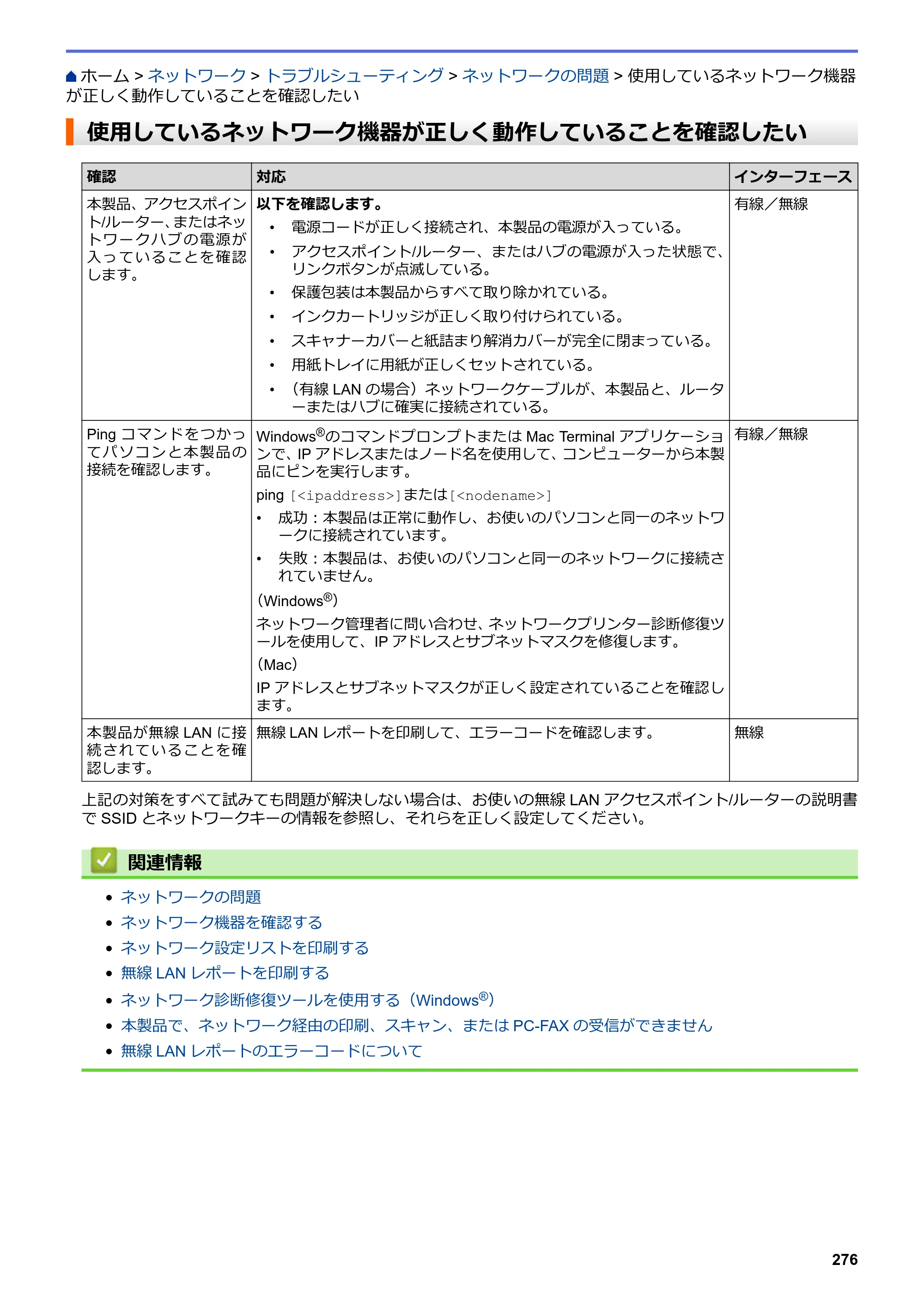 ブラザー DCP-J562N / DCP-J762N / DCP-J962N ユーザーズガイド（印刷用） ～パソコン活用＆ネットワーク～ — 使用しているネットワーク機器が正しく動作していることを確認したい — 原本ページ — 277ページ