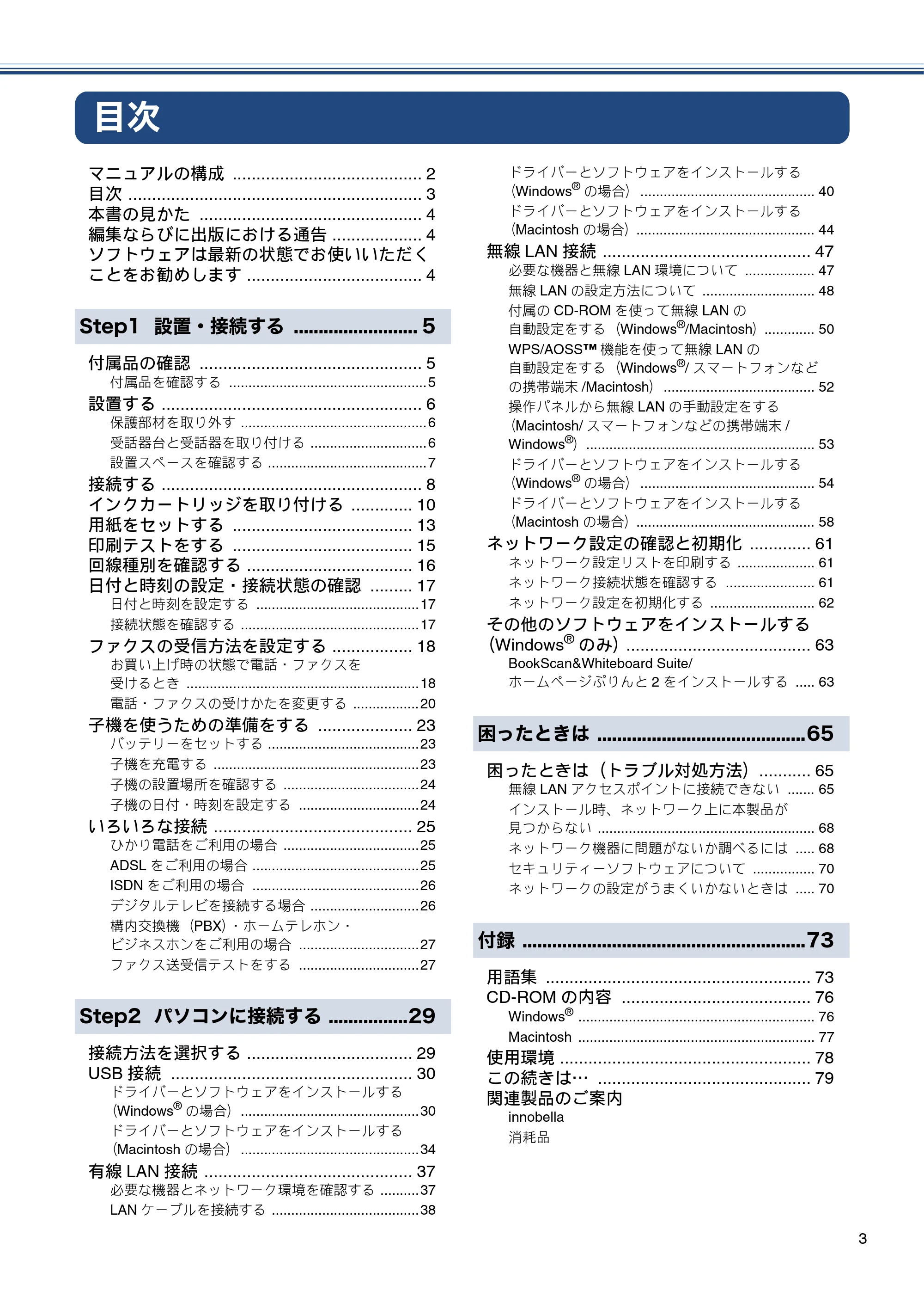 ブラザー MFC-J980DN / MFC-J980DWN かんたん設置ガイド — 目次 — 原本ページ — 3ページ