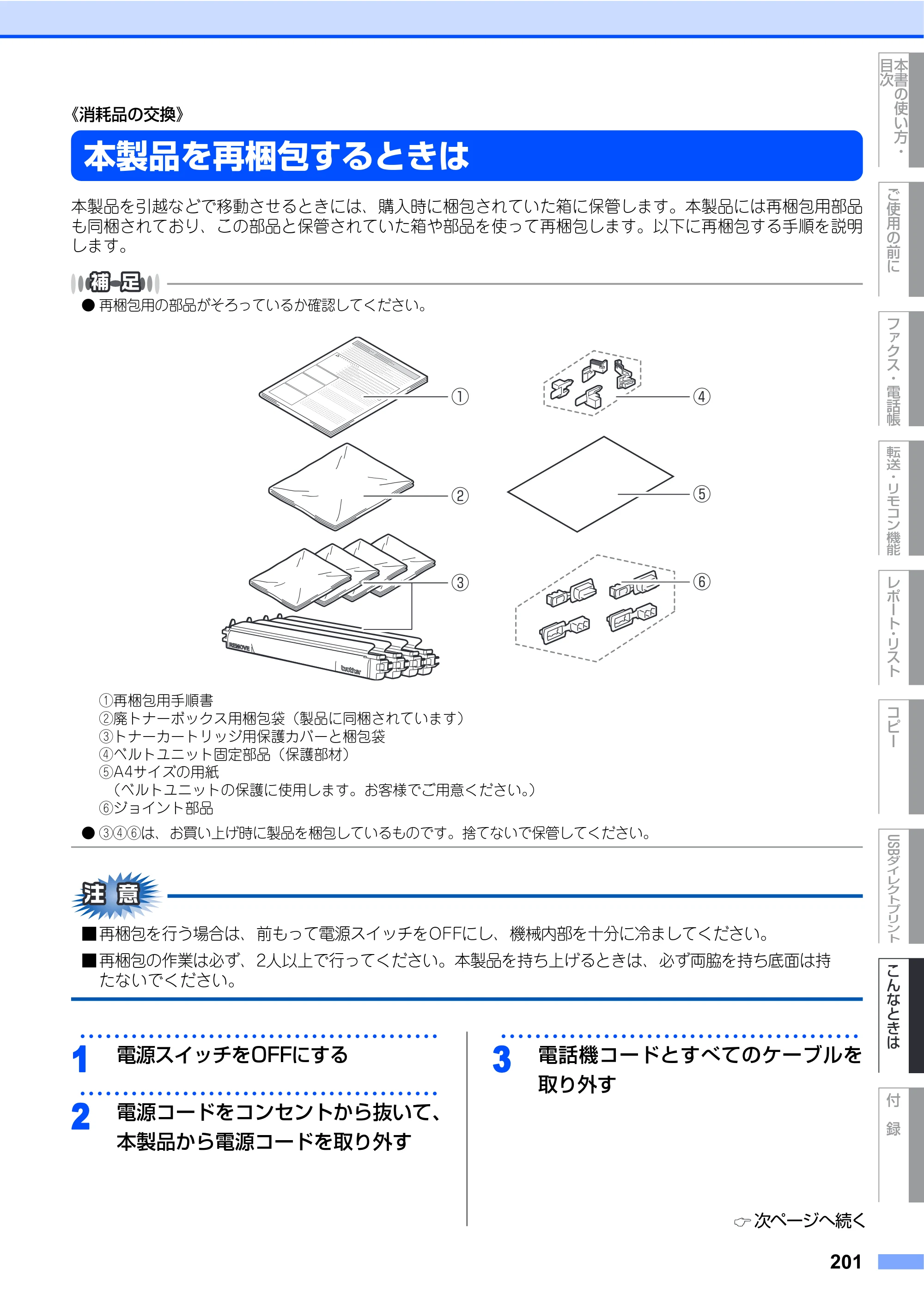 ブラザー MFC-9450CDN 取扱説明書（本体） — 本製品を再梱包するときは — 原本ページ — 201ページ