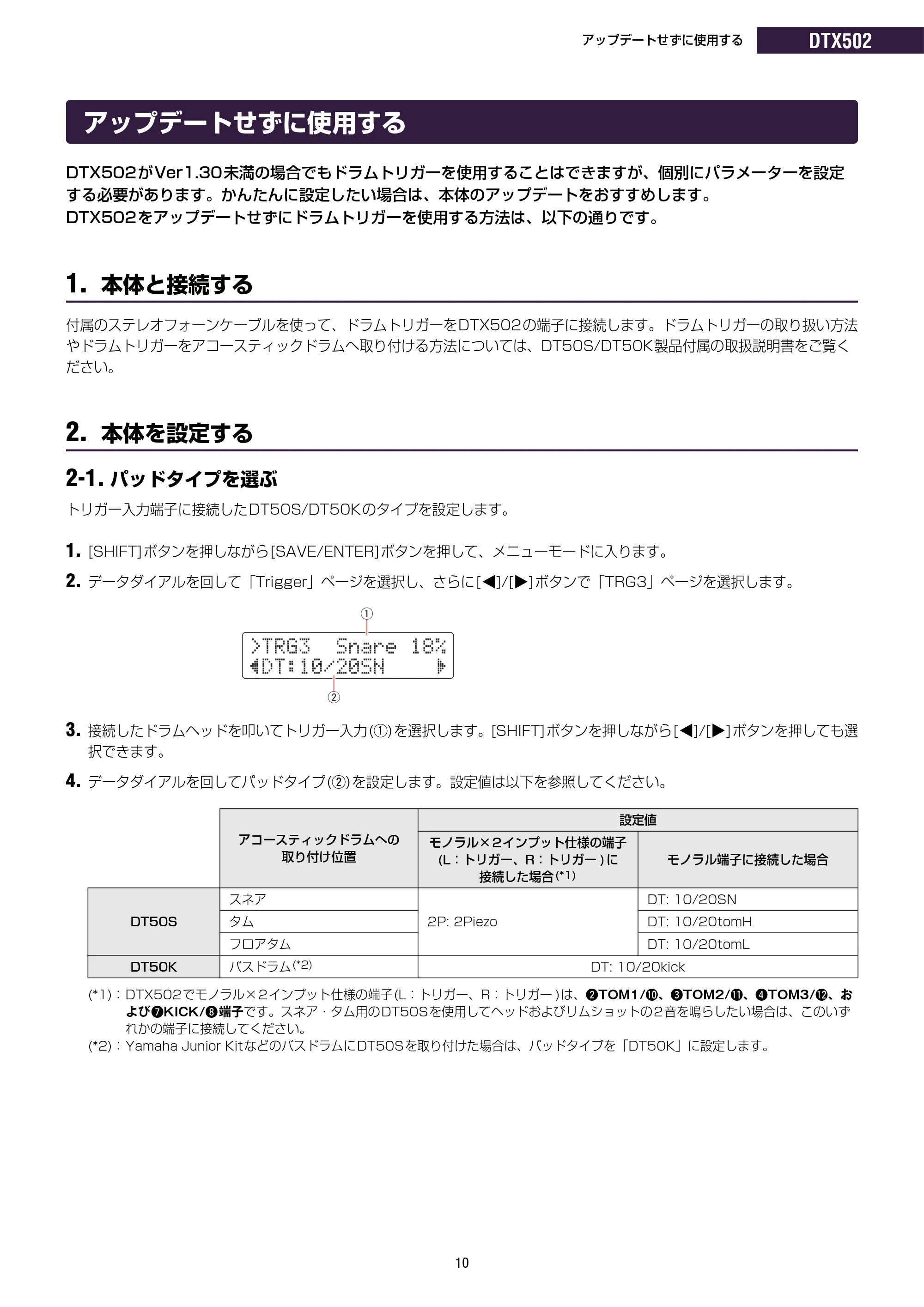 ヤマハ DT50S / DT50K DT50S/DT50Kのための ドラム音源モジュール設定マニュアル — アップデートせずに使用する — 原本ページ — 10ページ