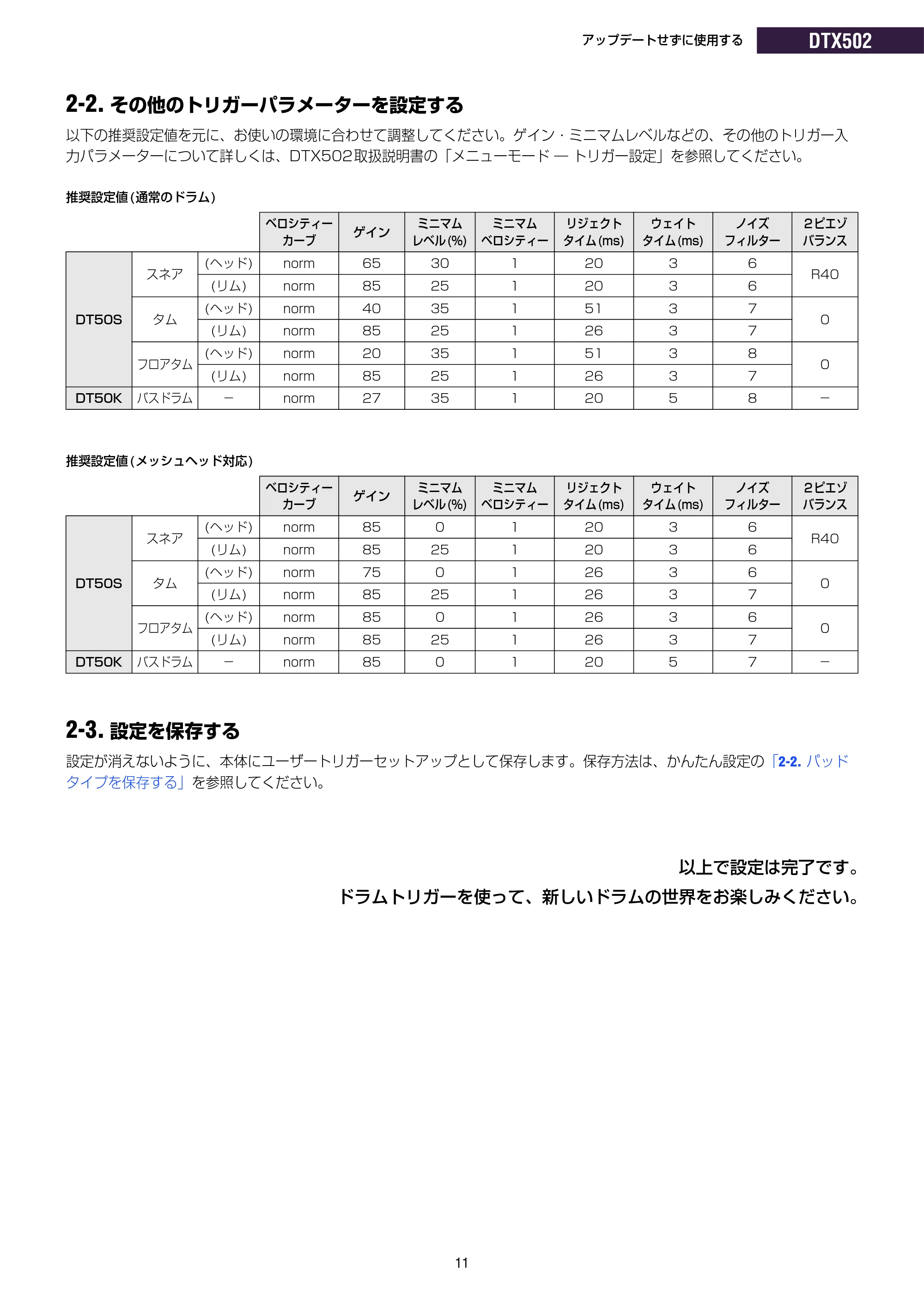 ヤマハ DT50S / DT50K DT50S/DT50Kのための ドラム音源モジュール設定マニュアル — アップデートせずに使用する DTX502 — 原本ページ — 11ページ