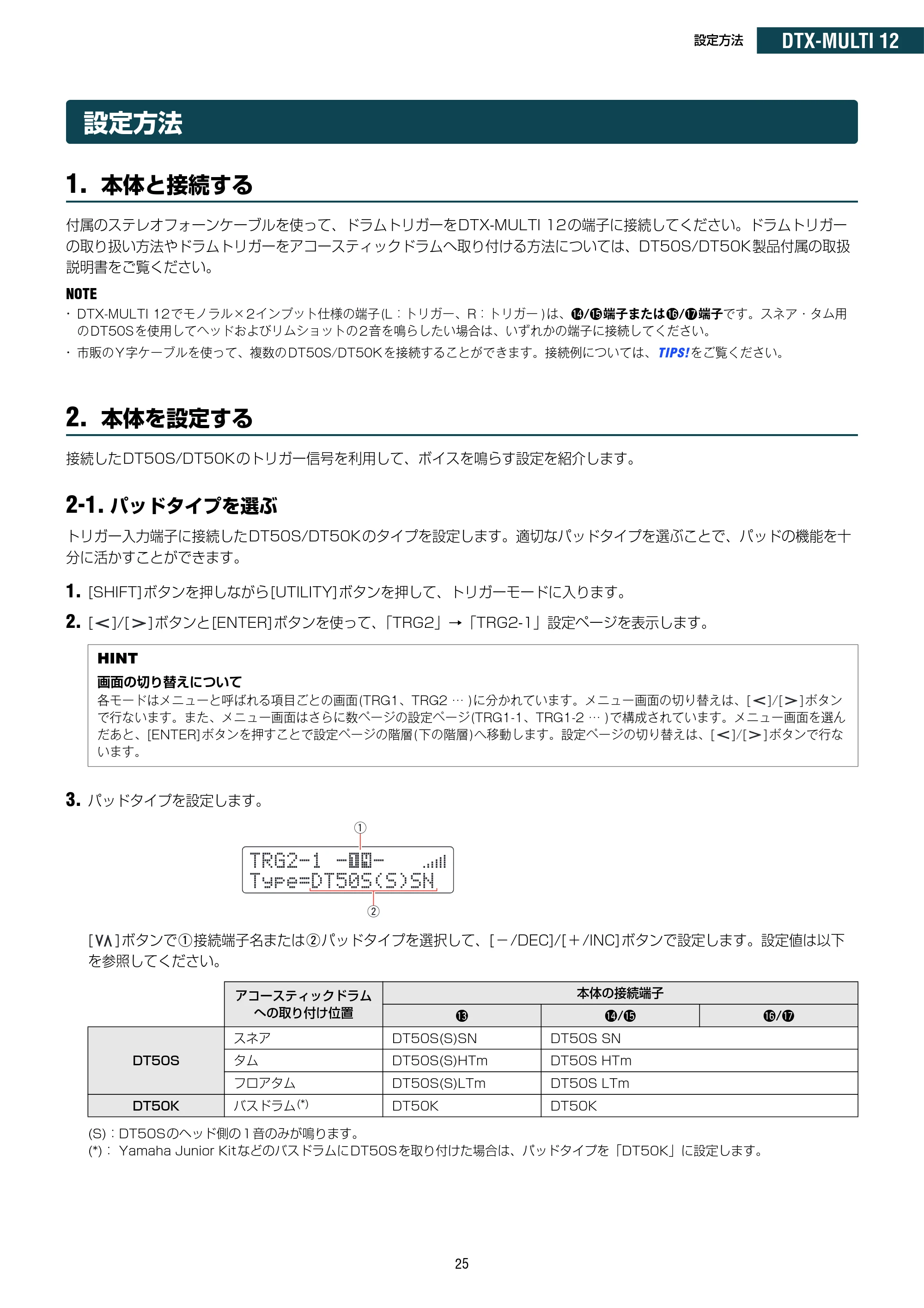ヤマハ DT50S / DT50K DT50S/DT50Kのための ドラム音源モジュール設定マニュアル — 設定方法 — 原本ページ — 25ページ