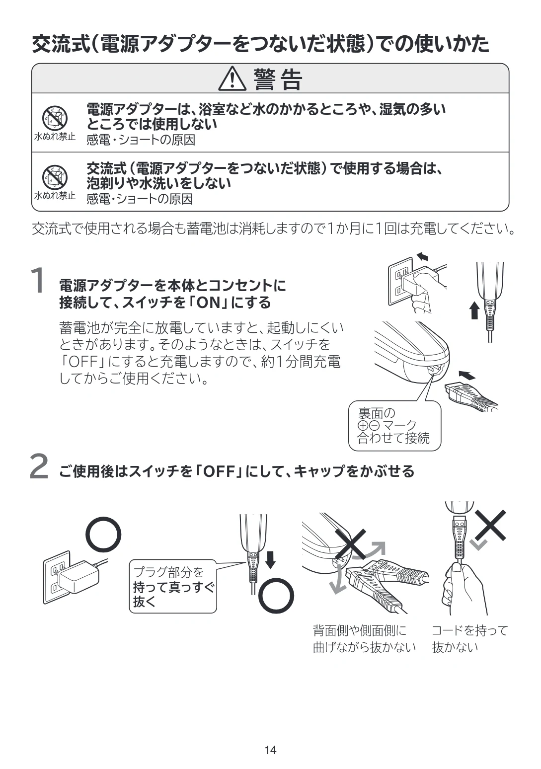 日立 RMH-FJ50B 取扱説明書 — 交流式(電源アダプターをつないだ状態)での使いかた — 図版 14-1 — 14ページ