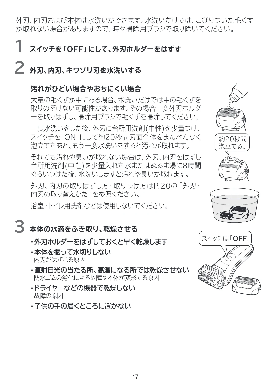 日立 RMH-FJ50B 取扱説明書 — 3 本体の水滴をふき取り、乾燥させる — 図版 17-1 — 17ページ