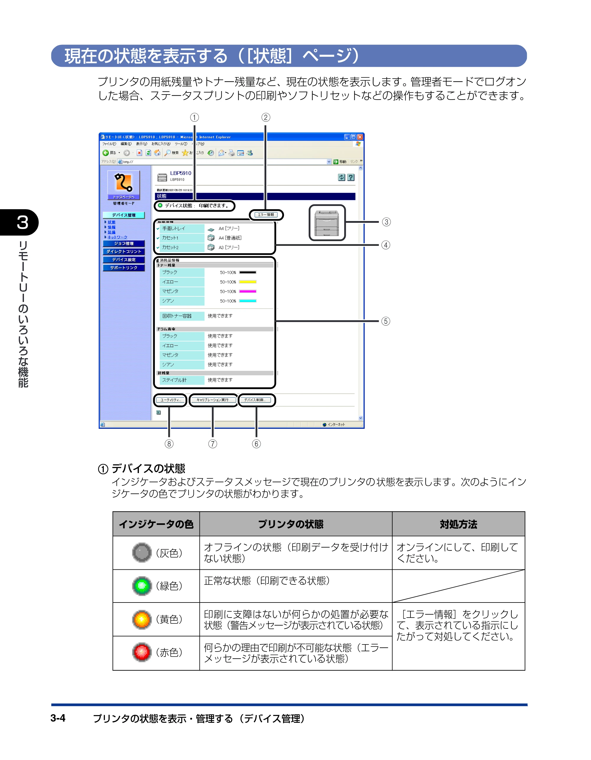 キヤノン LBP3930/3910 リモートUIガイド 2008年1月21日掲載 （PDF形式／5.89Mバイト） — 現在の状態を表示する（［状態］ページ） — 原本ページ — 23ページ