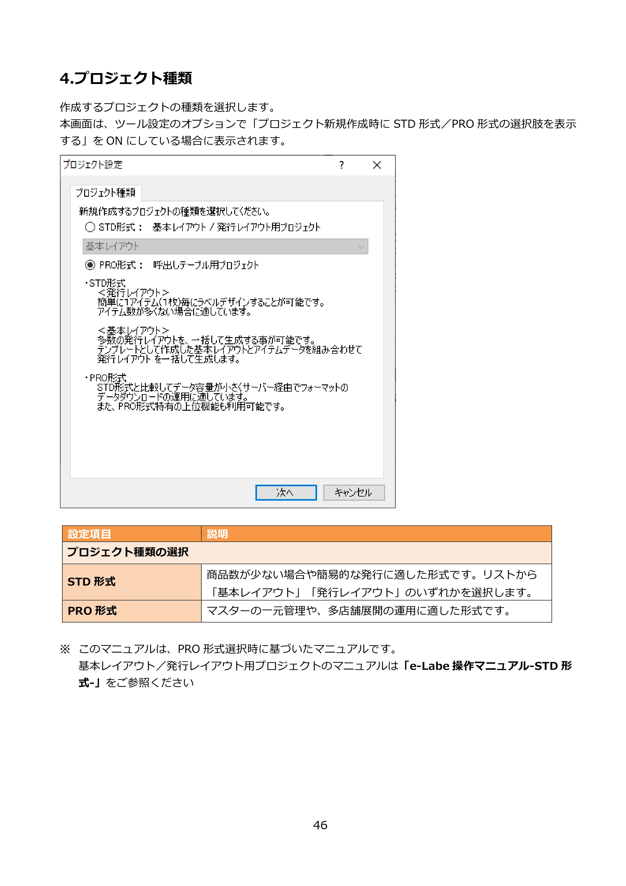 サトー FLEQV(フレキューブ) FX3-LX / FLEQV(フレキューブ) FX3-Plus / LEQV(フレキューブ) FX3-Plus e-Labe Designer操作マニュアル PRO形式（第25版） — 4.プロジェクト種類 — 原本ページ — 47ページ