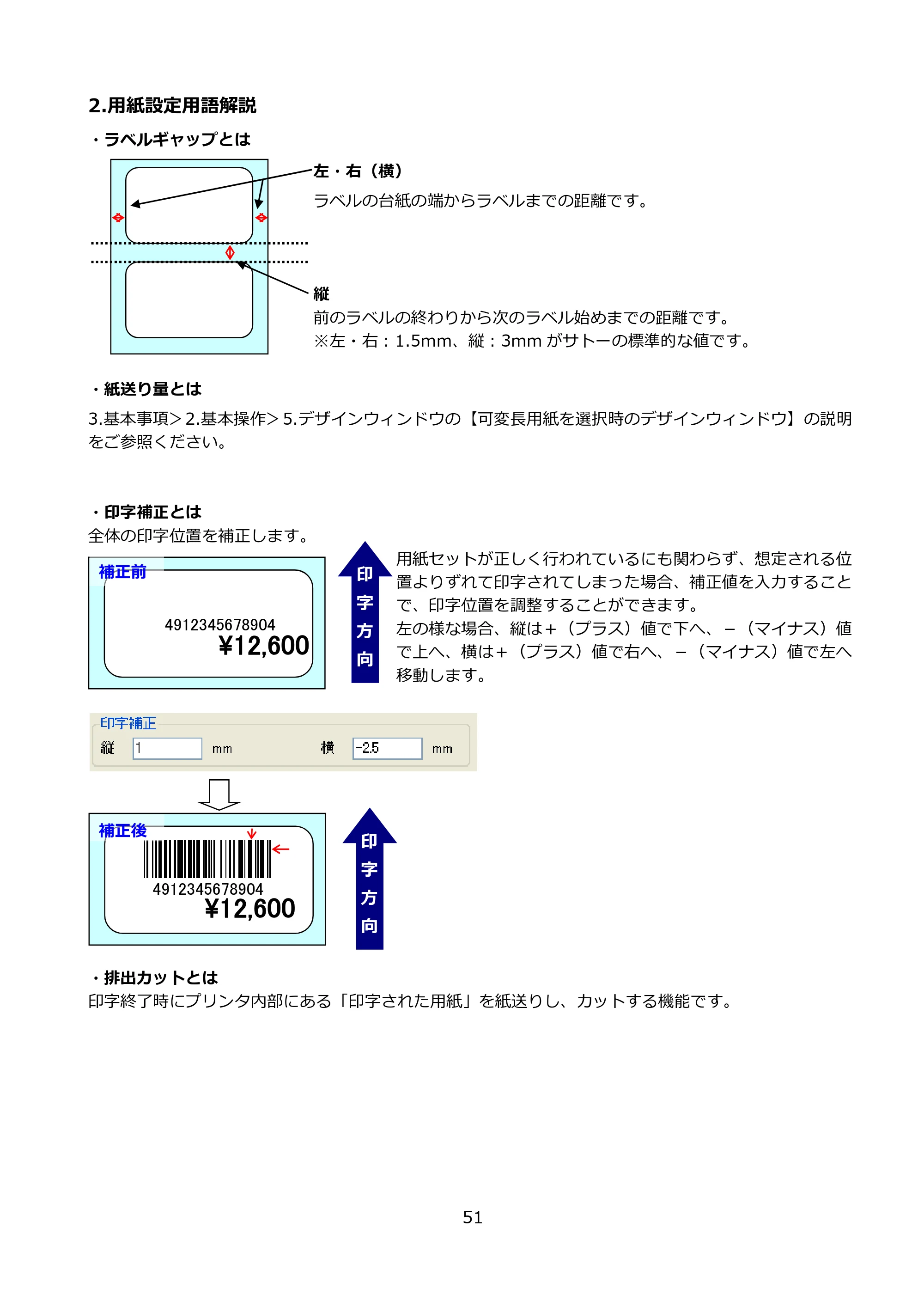 サトー FLEQV(フレキューブ) FX3-LX / FLEQV(フレキューブ) FX3-Plus / LEQV(フレキューブ) FX3-Plus e-Labe Designer操作マニュアル PRO形式（第25版） — 2.用紙設定用語解説 — 原本ページ — 52ページ