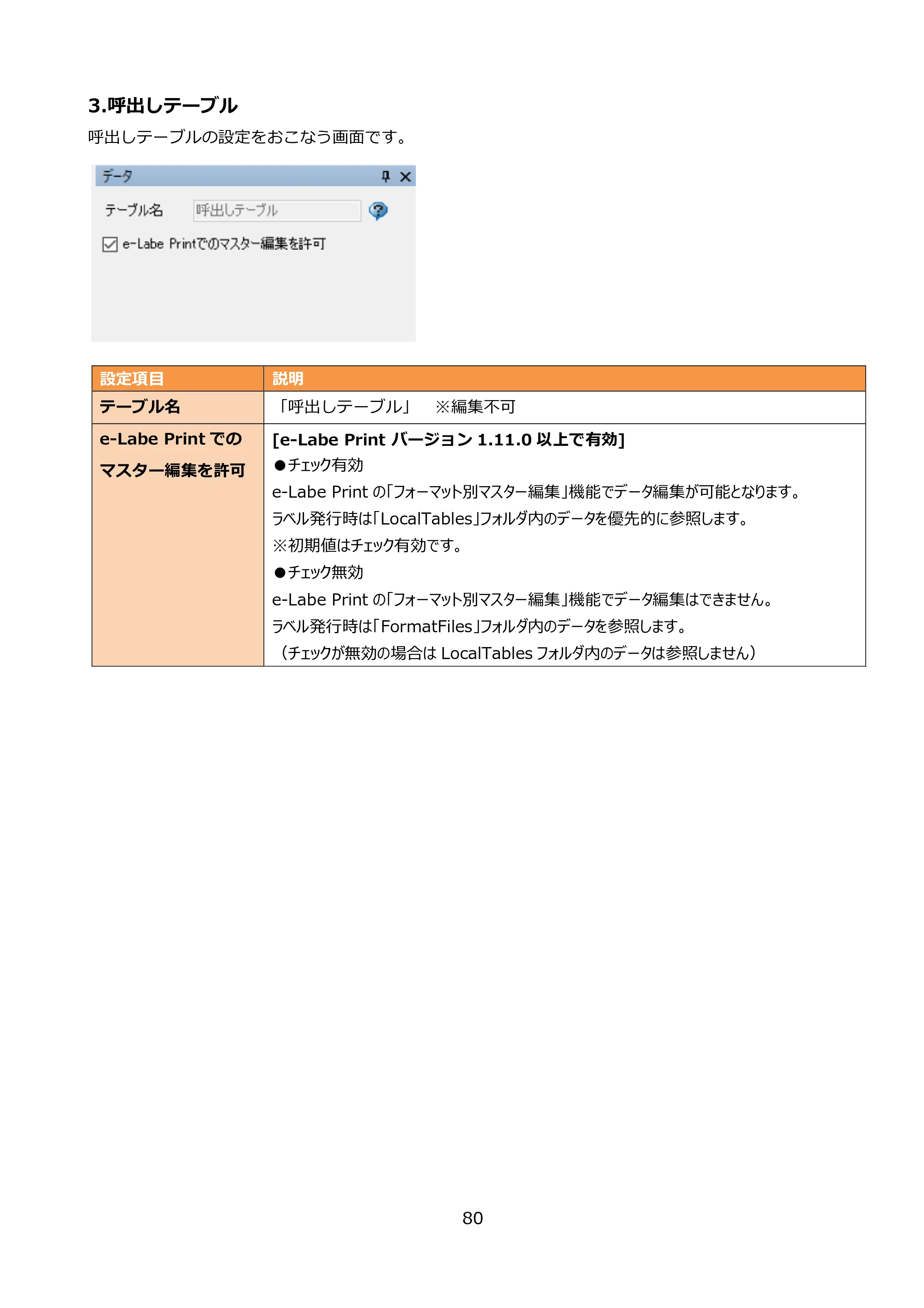 サトー FLEQV(フレキューブ) FX3-LX / FLEQV(フレキューブ) FX3-Plus / LEQV(フレキューブ) FX3-Plus e-Labe Designer操作マニュアル PRO形式（第25版） — 3.呼出しテーブル — 原本ページ — 81ページ