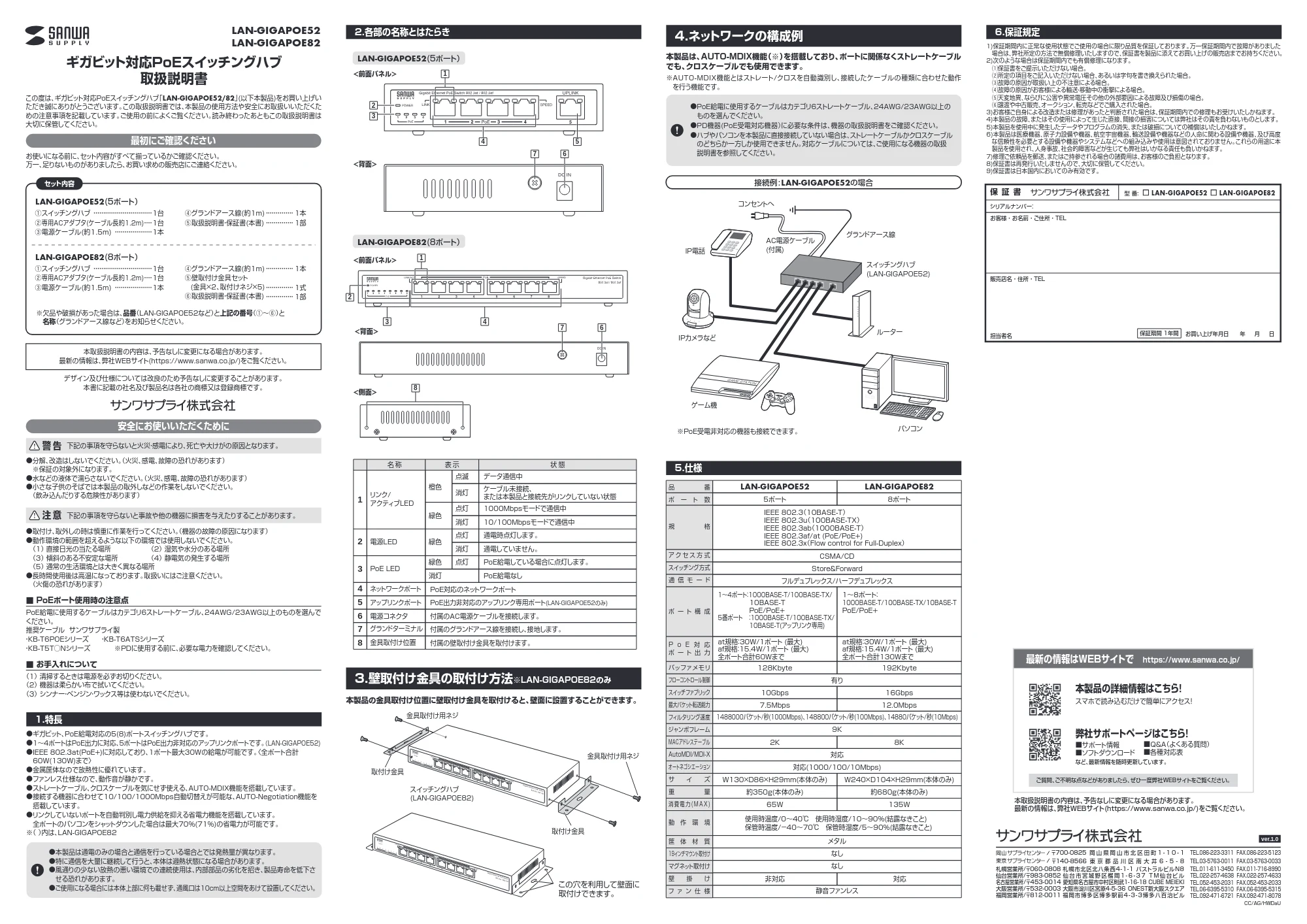 サンワサプライ LAN-GIGAPOE52 / LAN-GIGAPOE82 取扱説明書 — 原本ページ — 1ページ